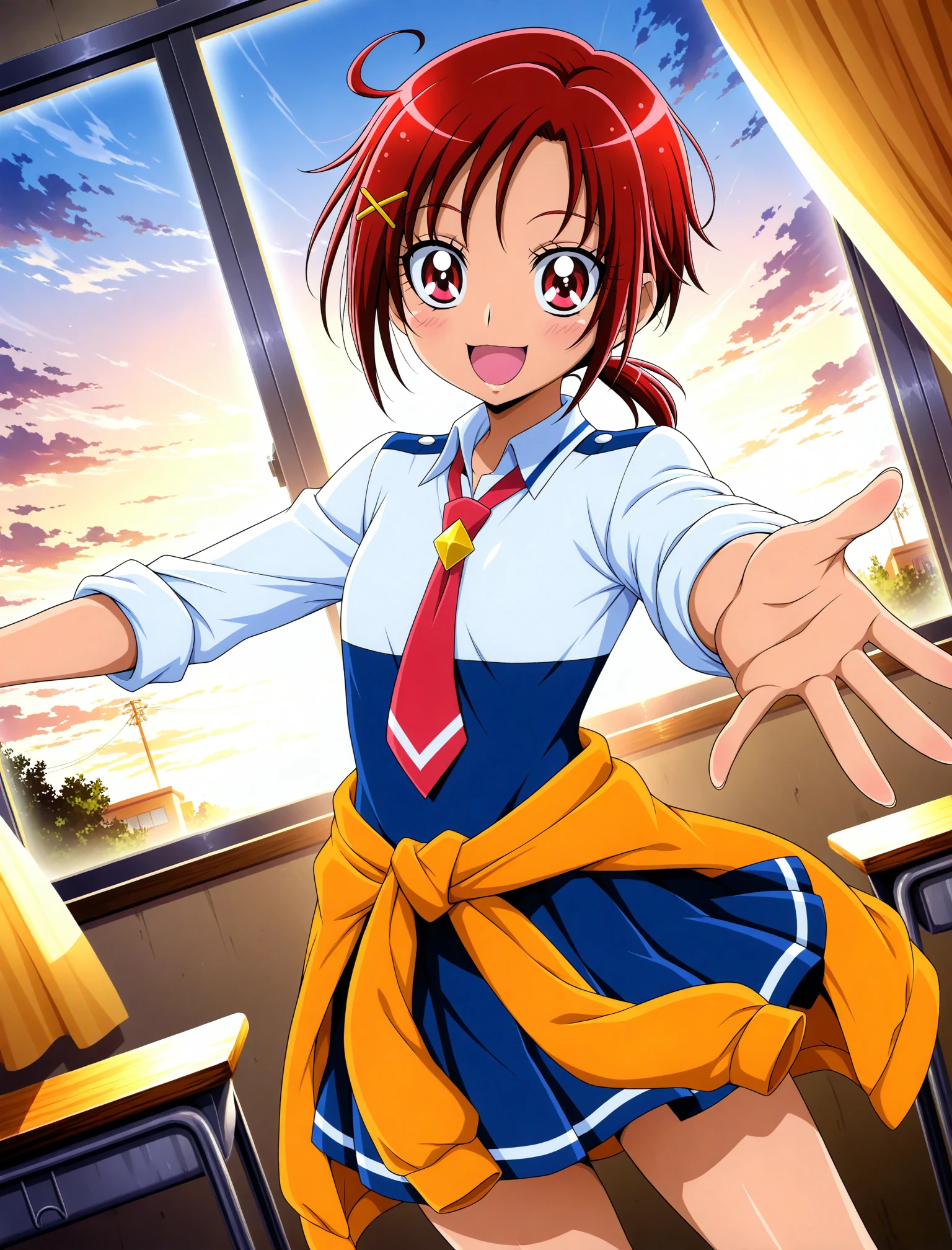 official style, 
1girl, solo, 
hino akane \(smile precure!\), smile precure!, red hair, hairpin, low ponytail, red eyes, nanairogaoka middle school uniform, red necktie, clothes around waist, 
dutch angle, posing, blush, imminent hug, incoming hug, sunset, school classroom, window, curtain, wind, masterpiece, best quality, amazing quality, very aesthetic, absurdres