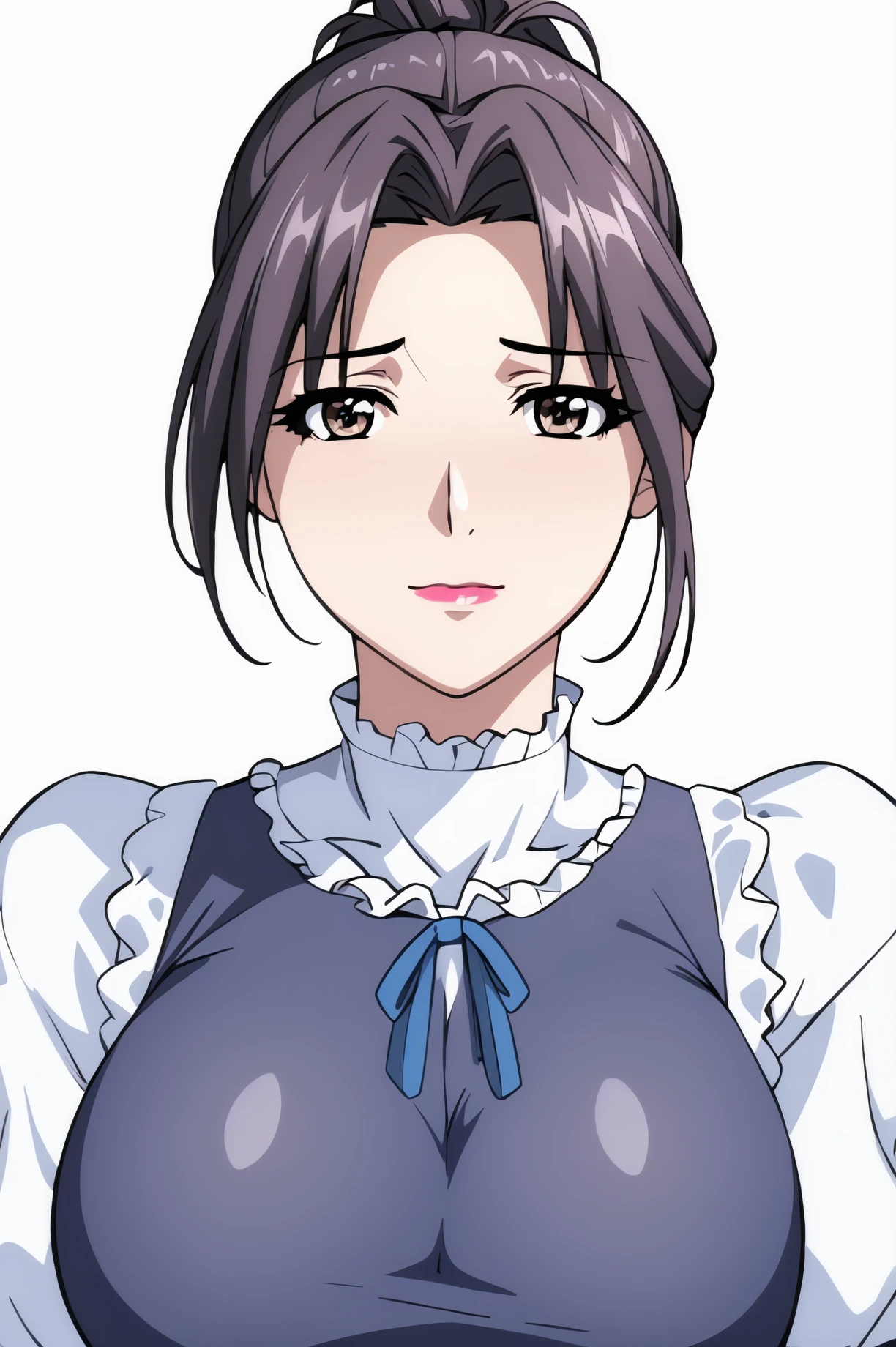 Simple Background,White_Background,
dynamic pose,standing at attention,
puffy sleeves, White short sleeves,  frills, blue ribbon, turtleneck, 
<lora:Misako_amamiya_enbo-KK77-V3:0.7>, Misako_amamiya_enbo,Yellow apron, 
Black_hair,Brown_eyes,Bangs,Makeup, red lipstick, short hair, ponytail , forehead, 
<lora:more_details:0.1>,<lora:NovelAI_YesMix5_KKStyle-KK77-Yes5-V1:0.1>,<lora:Oda_Non_Style2-KK77-Yes5-V1:0.3>,
1 girl, 20yo,Young female,Beautiful long legs,Beautiful body,
Beautiful Nose,Beautiful character design, perfect eyes, perfect face,expressive eyes,perfect balance,
looking at viewer,(Focus on her face),closed mouth, (innocent_big_eyes:1.0),(Light_Smile:0.3),
official art,extremely detailed CG unity 8k wallpaper, perfect lighting,Colorful, Bright_Front_face_Lighting,White skin,
(masterpiece:1.0),(best_quality:1.0), ultra high res,4K,ultra-detailed,
photography, 8K, HDR, highres, absurdres:1.2, Kodak portra 400, film grain, blurry background, bokeh:1.2, lens flare, (vibrant_color:1.2),professional photograph,
(Beautiful,large_Breasts:1.4), (beautiful_face:1.5),(narrow_waist),