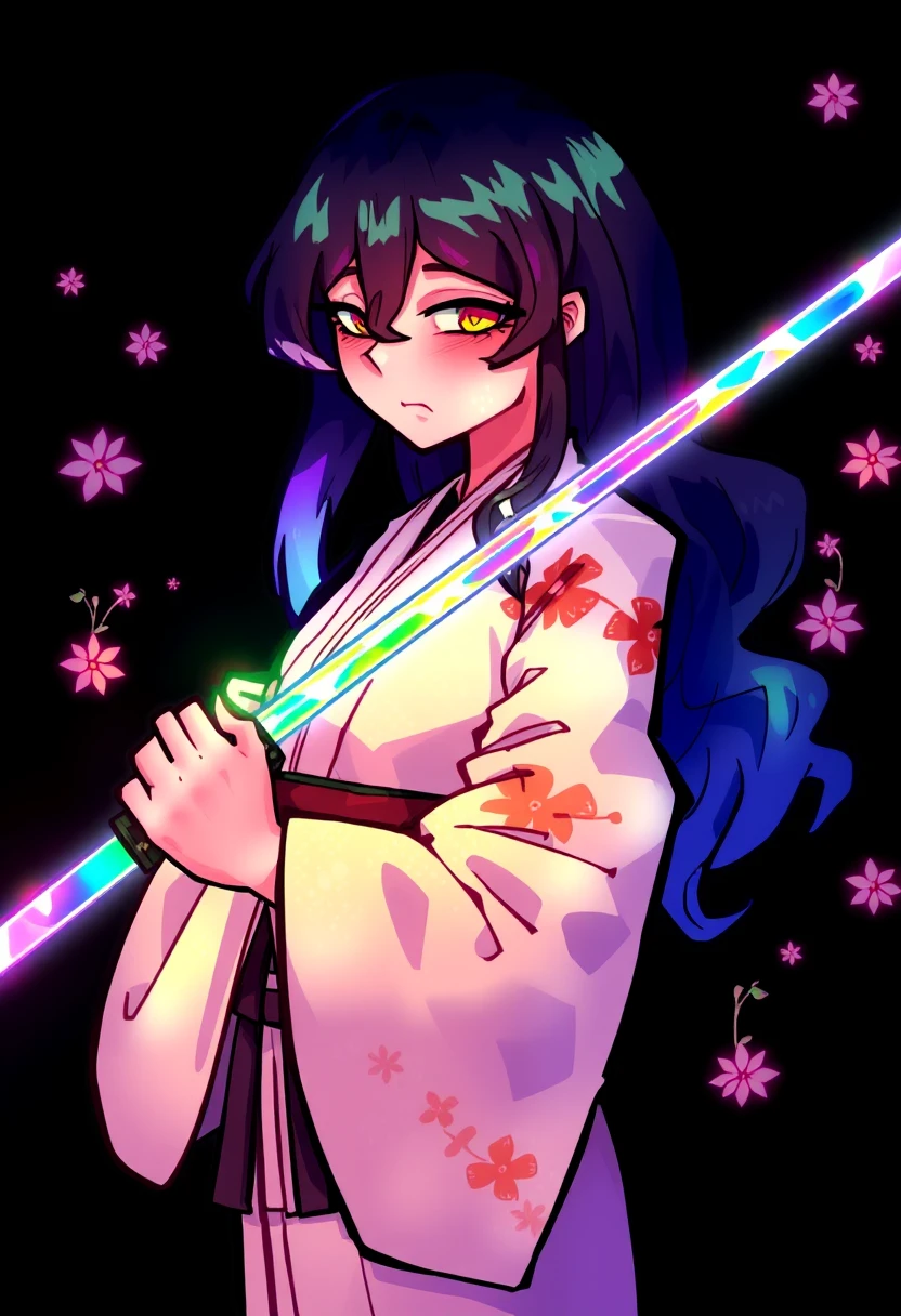 AlphaRecdyt \(Artist\), akuseru.sama \(Artist\), @AlphaRecdyt, A young woman with wavy black hair holds a glowing, rainbow-colored katana, its light contrasting with her calm, lowered gaze. She wears a traditional white kimono with vibrant, iridescent floral patterns that seem to bloom into ethereal flowers. The dark background highlights the magical atmosphere