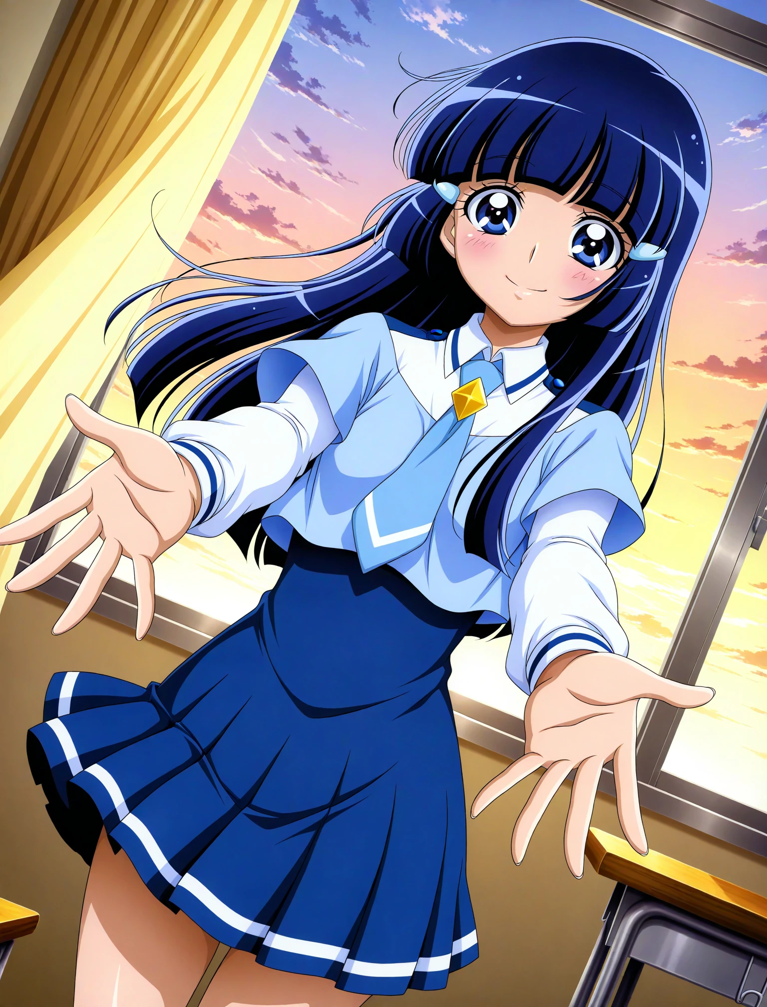 official style, 
1girl, solo, 
aoki reika, smile precure!, straight hair, long hair, blue hair, blunt bangs, blue eyes, nanairogaoka middle school uniform, blue necktie, layered sleeves, short over long sleeves, blue tops, white sleeves, 
dutch angle, posing, blush, imminent hug, incoming hug, sunset, school classroom, window, curtain, wind, masterpiece, best quality, amazing quality, very aesthetic, absurdres