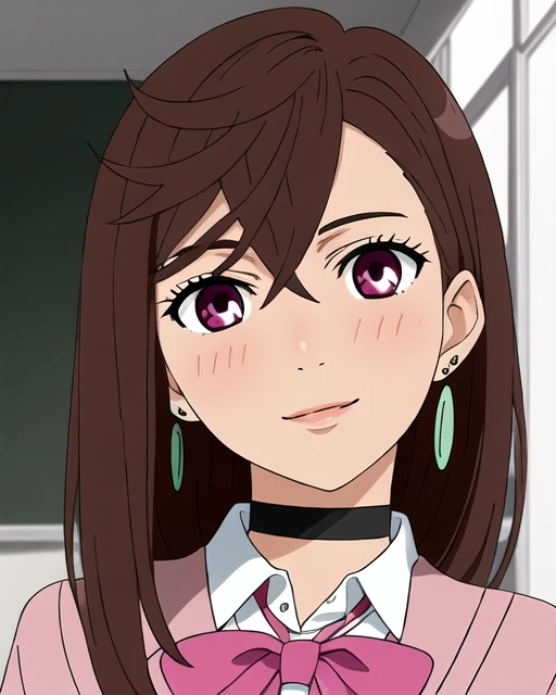 masterpiece, best quality, highres, 1girl, solo, brown medium length hair, layered hair with wispy ends, side-swept bangs, magenta/red eyes, pink blazer, white collar shirt, large red bow tie, black choker, mint green drop earrings, school uniform, slight blush marks on cheeks, expressive face, medium shot, beautiful detailed eyes, long eyelashes, clean lineart, soft shading, indoors, classroom lighting, slight head tilt, anime style, natural shadows, detailed facial features, sharp chin, light skin tone, professional lighting, detailed face, looking at viewer, full body, legs, heroic pose, smile, feel in love,  <lora:Momo-Ayase-Dandadan-SD15:0.7>