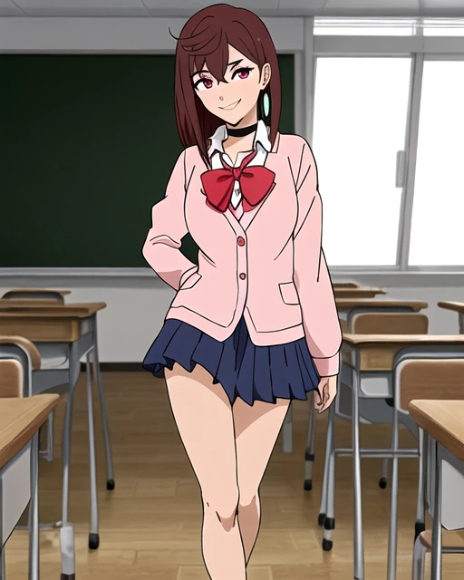 masterpiece, best quality, highres, 1girl, solo, brown medium length hair, layered hair with wispy ends, side-swept bangs, magenta/red eyes, pink blazer, white collar shirt, large red bow tie, black choker, mint green drop earrings, school uniform, slight blush marks on cheeks, expressive face, medium shot, beautiful detailed eyes, long eyelashes, clean lineart, soft shading, indoors, classroom lighting, slight head tilt, anime style, natural shadows, detailed facial features, sharp chin, light skin tone, professional lighting, detailed face, looking at viewer, full body, legs, heroic pose, smile, feel in love, fit body, <lora:Momo-Ayase-Dandadan-SD15:0.7>