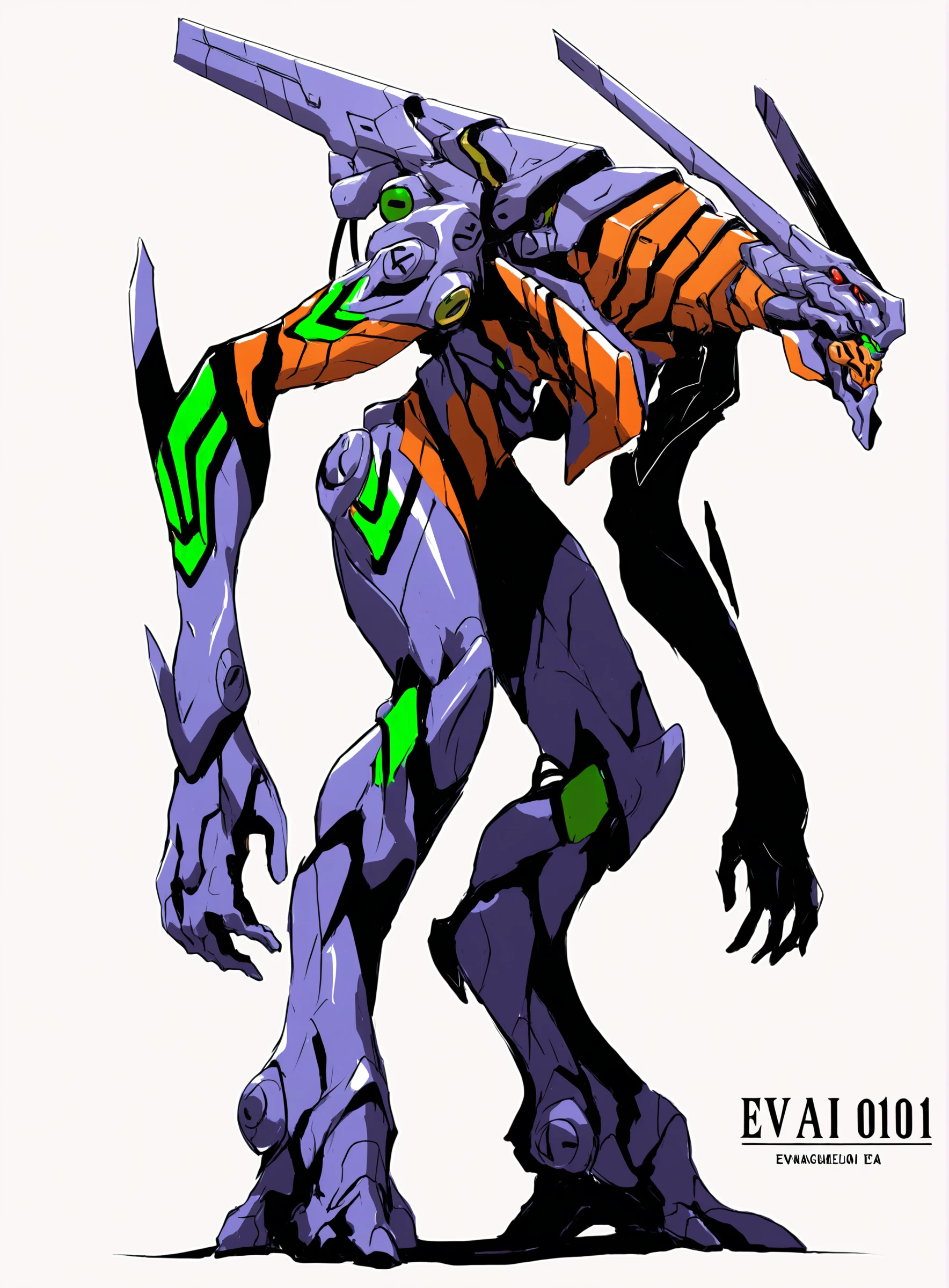 best quality,masterpiece,absurdres,newest,
 <lora:BIOMECHA_XL_R:0.8> ,
(this digital painting depicts a monster that has been mechanically modified:1.2),(bio armor:1.2),(creature),muscular, 
eva 01, solo, simple background, white background, standing, full body, armor, character name, no humans, parody, robot, mecha, science fiction, looking ahead, retro artstyle, style parody, open hands, alien, fusion, redesign, mecha focus, evangelion (mecha), energy cannon