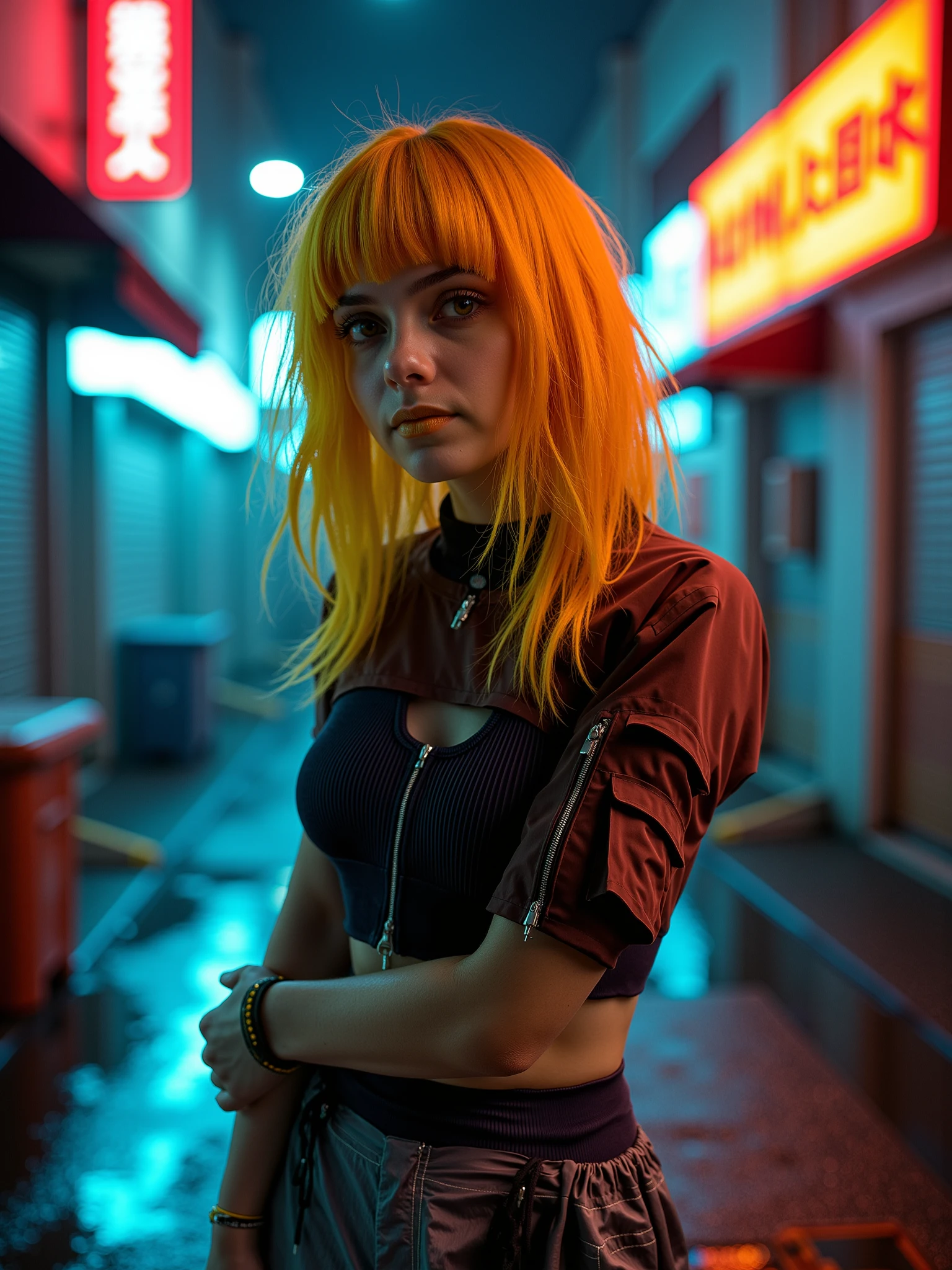 <lora:Cyberpunk_Jacket_01_FLUX:1.2> mad-cbrpnkjckt01, woman wearing croptop and shrugs, long yellow hair , red eyes, yellow_lipstick, Arms crossed behind the back pose futuristic cyberpunk alley night , neon light, holograms, haze , cables, rain, puddles, garbage, dirt