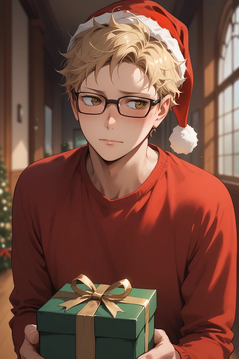 score_9, score_8_up, score_7_up, source_anime, rating_questionable, day, Christmas theme, male focus, cowboy shot, leaning forward, holding present, looking away, expressive face, nervous, blushing, KeiHU, blonde_KeiHU_short hair, black_KeiHU_glasses, brown_KeiHU_eyes, closed mouth, santa costume, christmas hat, 1boy, blurry indoors, scenery, intricately detailed illustration, atmospheric perspective, depth of field