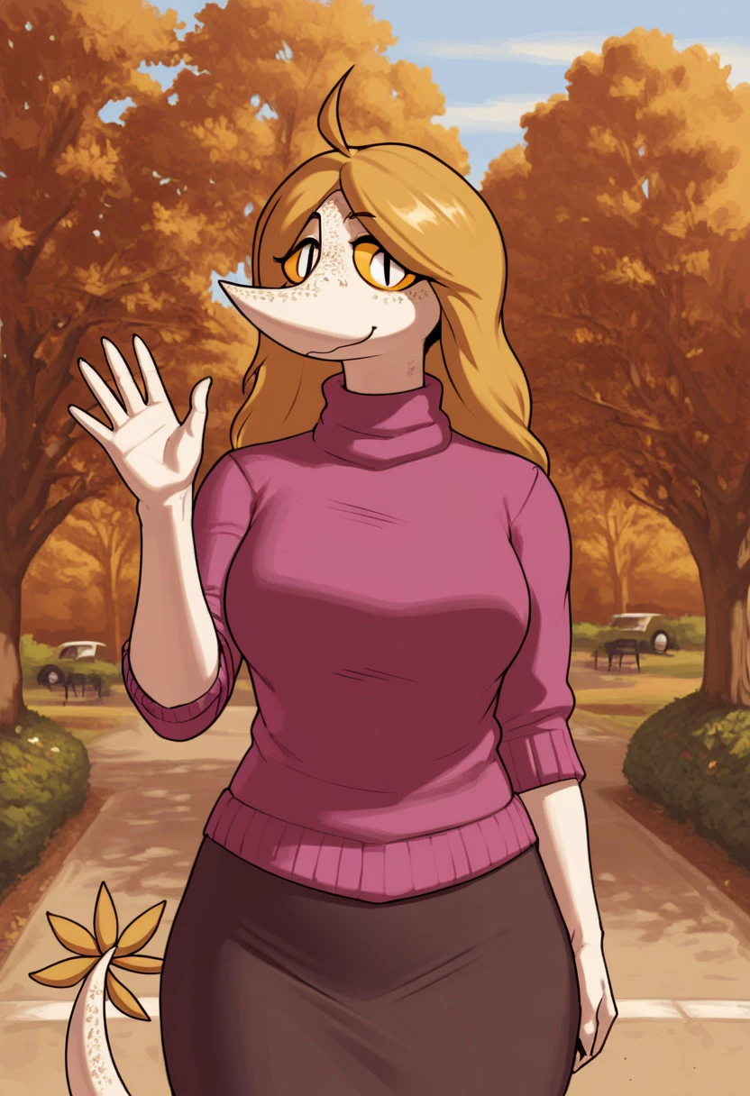 meesh, by meesh,score 9,score 8 up,score 7 up,score 6 up,Tarja, anthro, dinosaur, blonde hair, freckles, freckles, yellow sclera, white eyes, black pupils, slit pupils, ahoge, pointy nose, dinosaur tail, long nose, pink sweater, turtleneck, black skirt, pencil skirt, looking at viewer, waving at viewer,1girl,solo,cowboy shot, outdoors, park