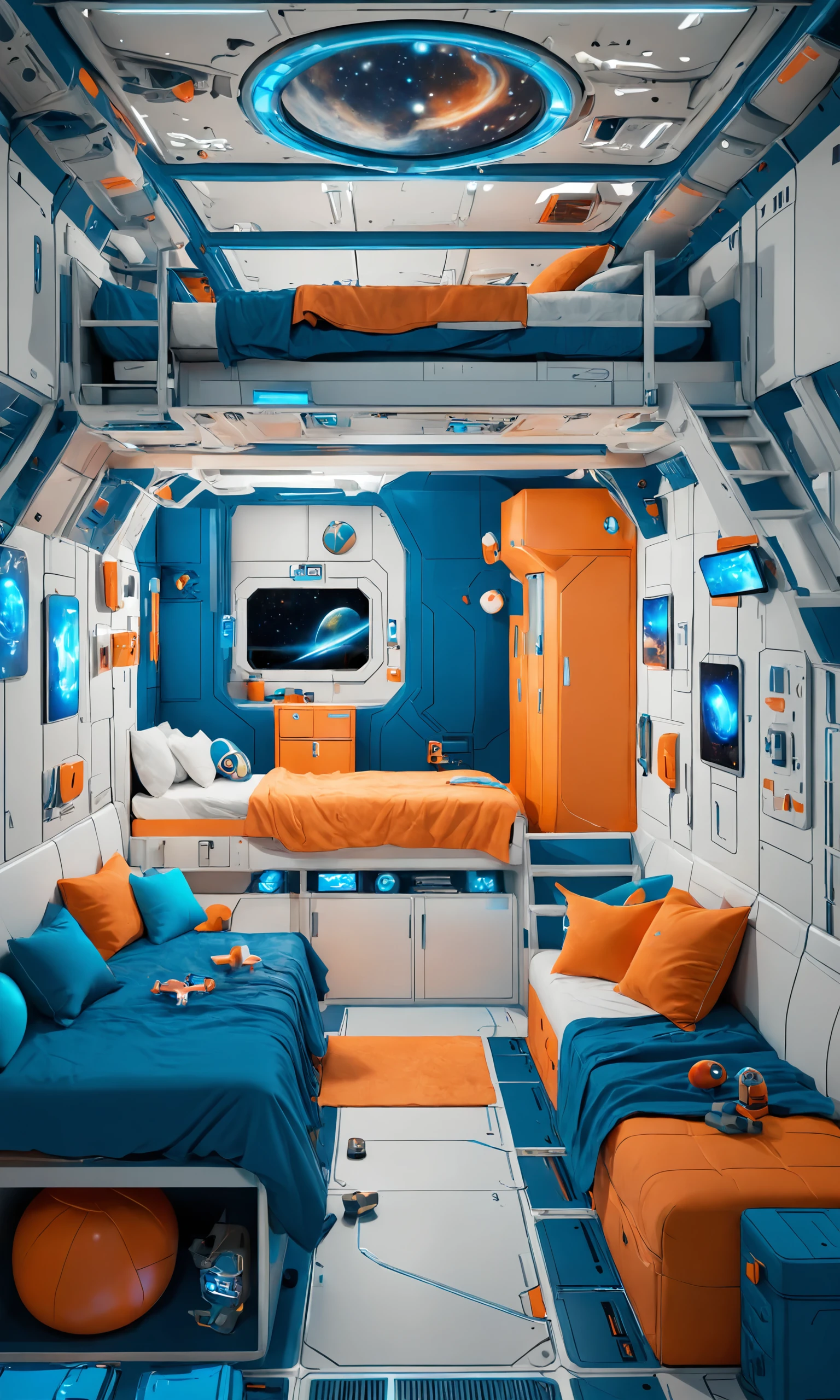 space station interior, module bedroom box, sci - fi panels, colorize accents, orange and blue, with bunk beds, tv, desk, and a ladders, and other items in the room for children'snugs on the floor area of the outer space ship 3d rendering illustration by cgidecora / c4d design,
green and orange and matte Medium Royal Blue color scheme, sci-fi landscape, 16k <lora:vor_sci-fi.v1.sdxl.lora:1>