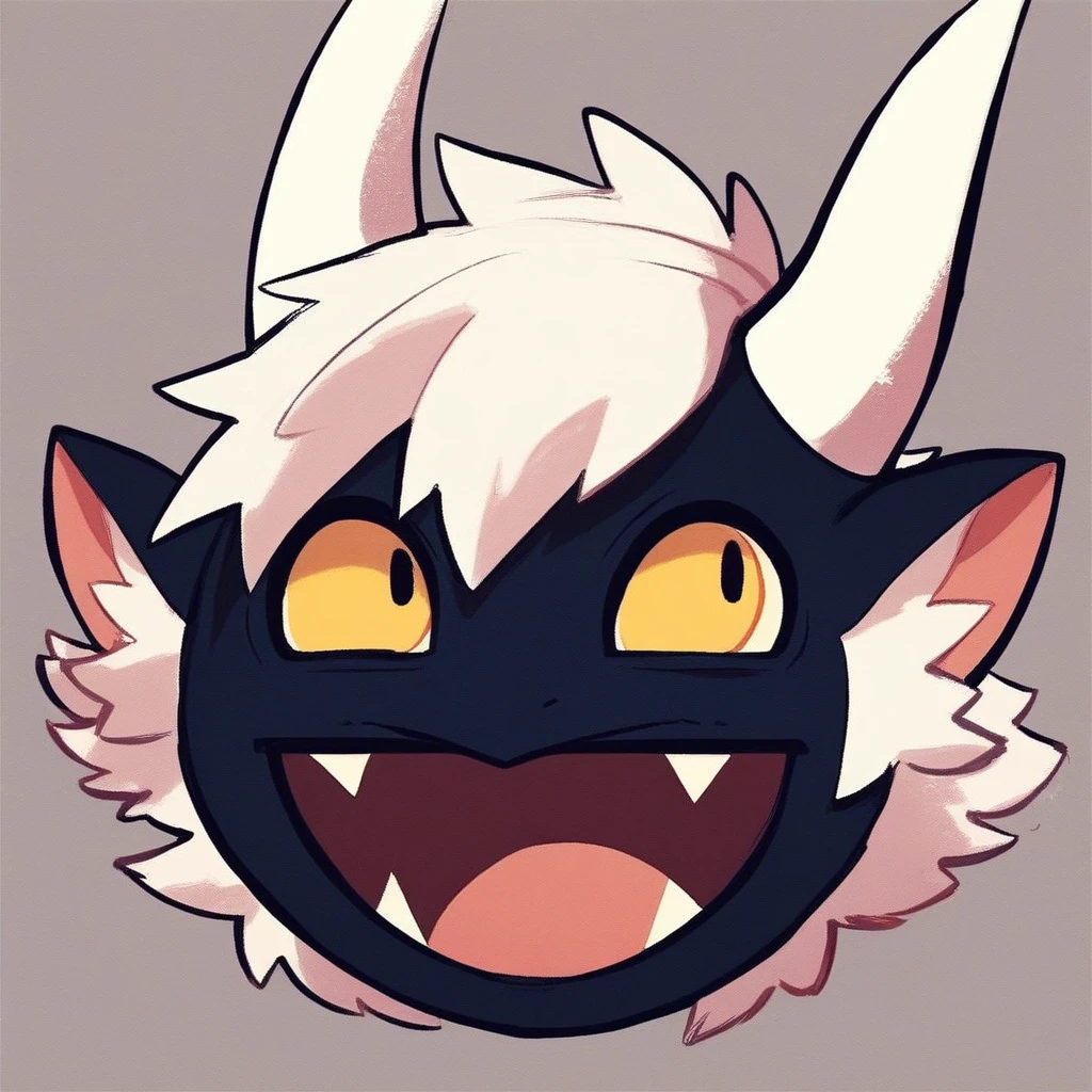 score_9, score_8, mikus-concept, face, smiling, wide grin, big eyes, only head. black fur, dragon, white horns, white hair, yellow eyes