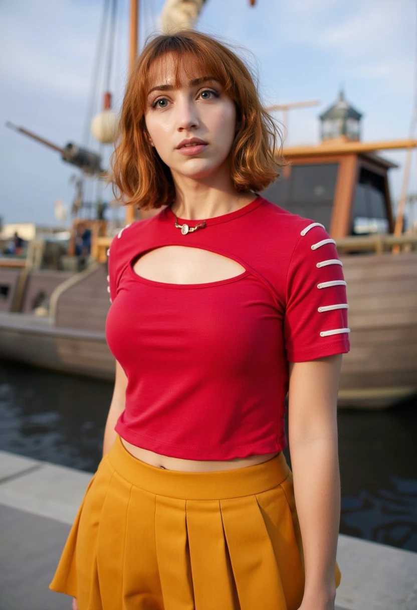 3milyrudd. The image is a high-resolution photograph featuring a young woman standing outdoors near a docked ship in a futuristic, industrial setting. The woman has a fair complexion and short, wavy red hair with bangs. She is dressed in a tight, red crop top with white accents on the sleeves and a small cut-out design on the chest, revealing a hint of cleavage. Her outfit includes a high-waisted, pleated, mustard-yellow mini skirt.