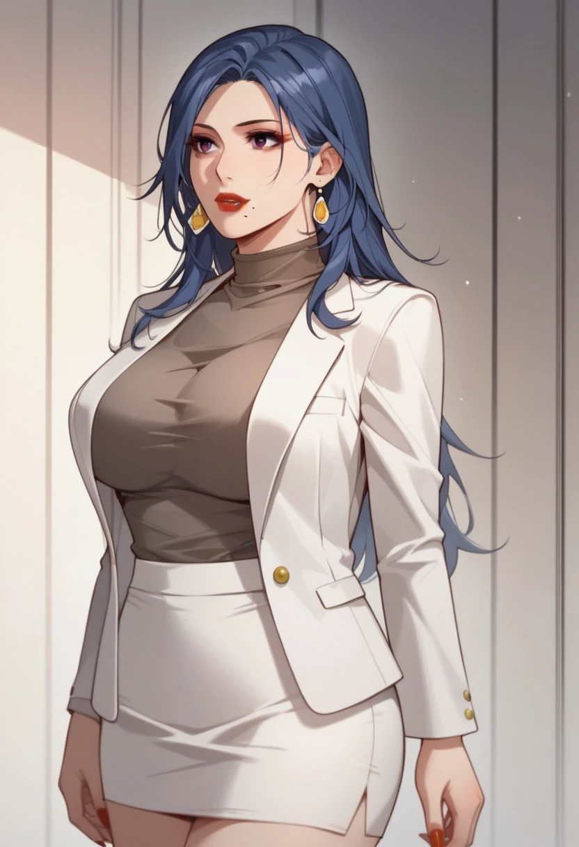 score_9, score_8_up, score_7_up, BREAK, HeShiqinq, long hair, blue hair, purple eyes, large breasts, mole under mouth, red nails, red lips, makeup, HeSuit, earrings, white suit, open suit, grey shirt, turtleneck, white skirt, pencil skirt, 1girl, solo,