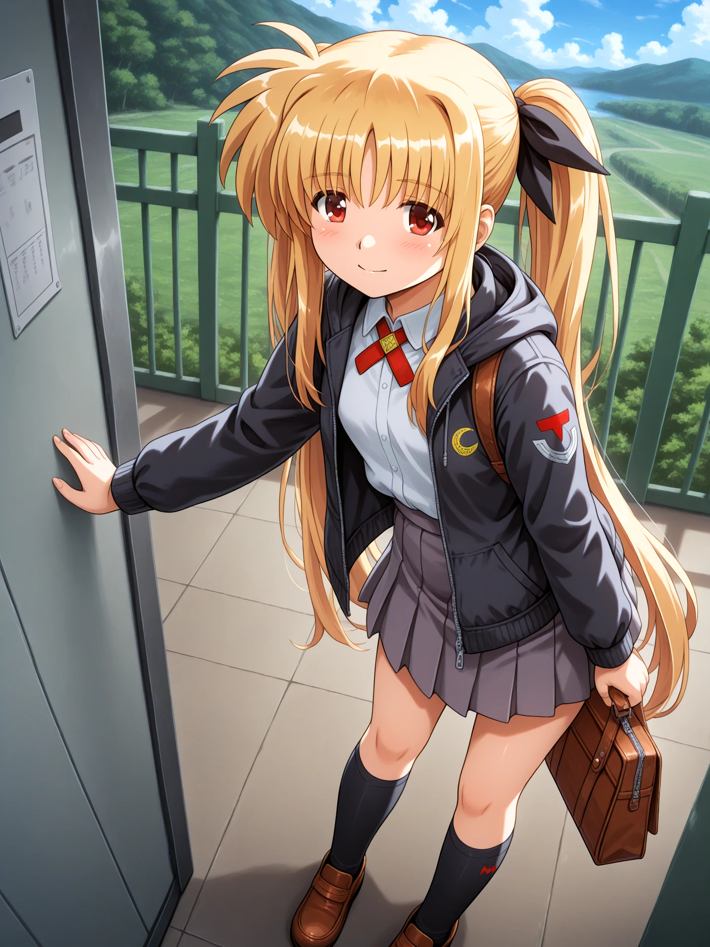 masterpiece, best quality, very aesthetic, absurdres, BREAK <lora:AzusaNorihee_IllXL:1>
1girl, solo, from above, looking at viewer, Game Room, scenery, fate testarossa, bag, black jacket, blush, ???????, bright pupils, brown footwear, cloud, collared shirt, day, expressionless, eyelashes, fence, foreshortening, grey skirt, hood, hooded jacket, jacket, light blush, kneehighs, leaning forward, leaf, light frown, long dress, long sleeves, outdoors, pleated skirt, school uniform, shirt, shirt tucked in, skirt, small ???????, socks, swept bangs, torn clothes, torn legwear, twintails, white footwear