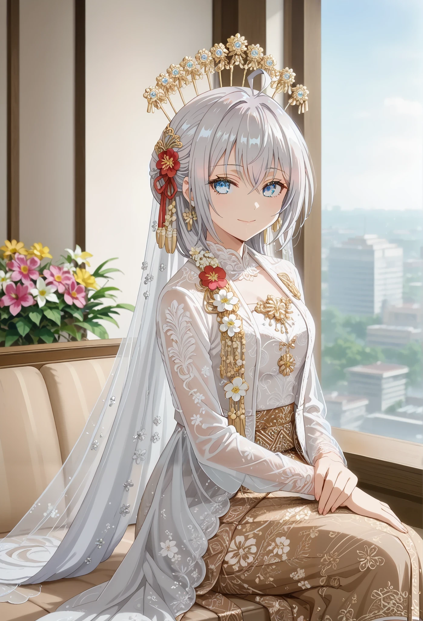 score_9, score_8_up, score_7_up, masterpiece, best quality, source_anime, BREAK 1girl,alya, long hair, silver hair, ahoge, crossed bangs, hair ribbon, sidelocks, blue eyes, kebaya wedding dress, looking at viewer, flower, serene smile, hair ornament, sitting, see-through, skirt, white dress, indoor, traditional decorations, intricate carvings, golden tones, anime screencap, thigh-up, hair bun, hands resting on lap, formal pose, warm lighting, cultural elegance