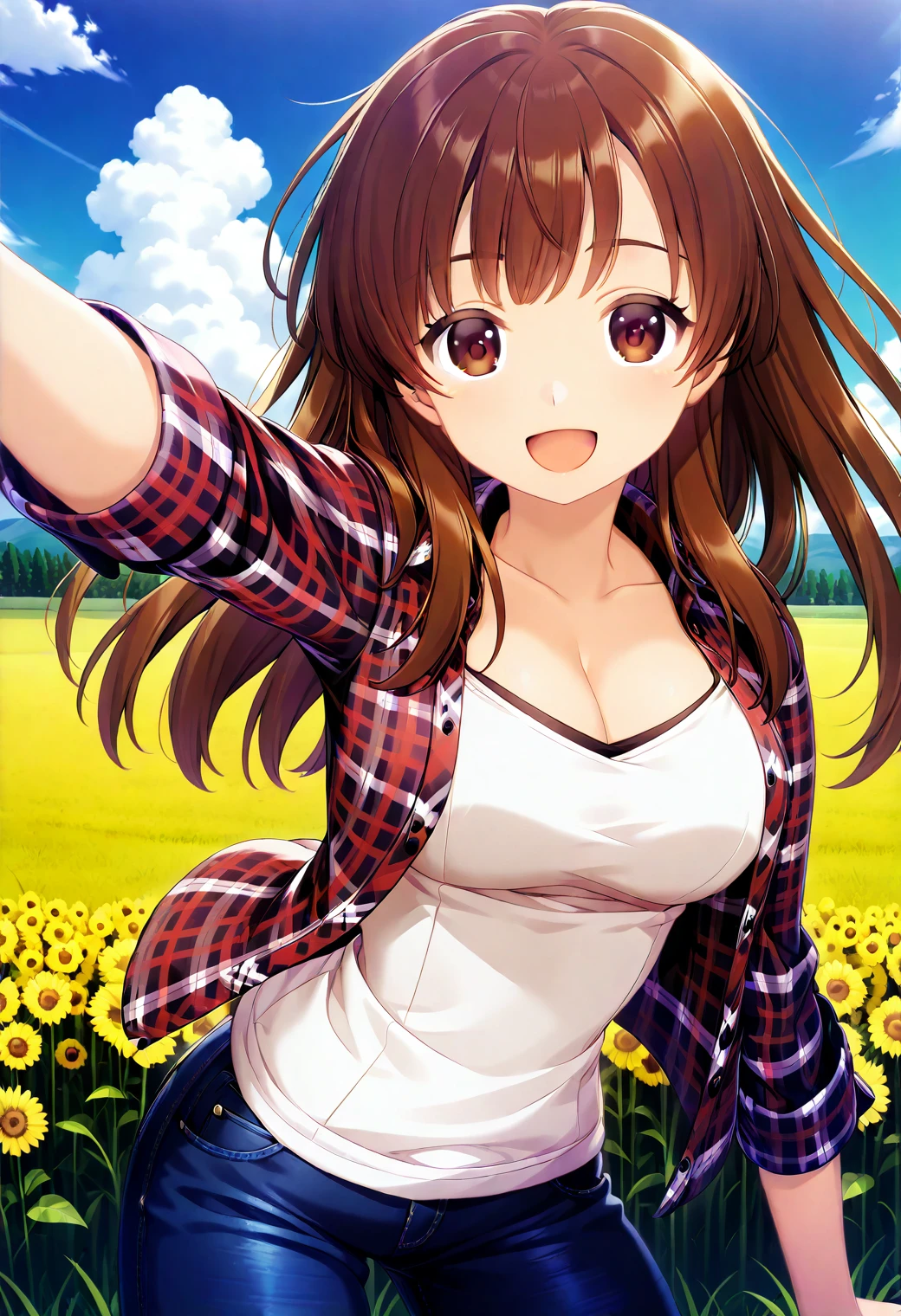 kobayashi_mari, brown eyes, brown hair, long hair, cleavage, open clothes, plaid shirt, white shirt, denim, jeans, pants, <lora:kobayashi_mari_illustrious_ver1:0.8>
smile, open mouth, 
1girl, solo, (field:1.2), (blue sky:1.2), looking at viewer, cowboy shot, masterpiece, best quality, general,, (cowboy shot, dynamic pose:1.4),