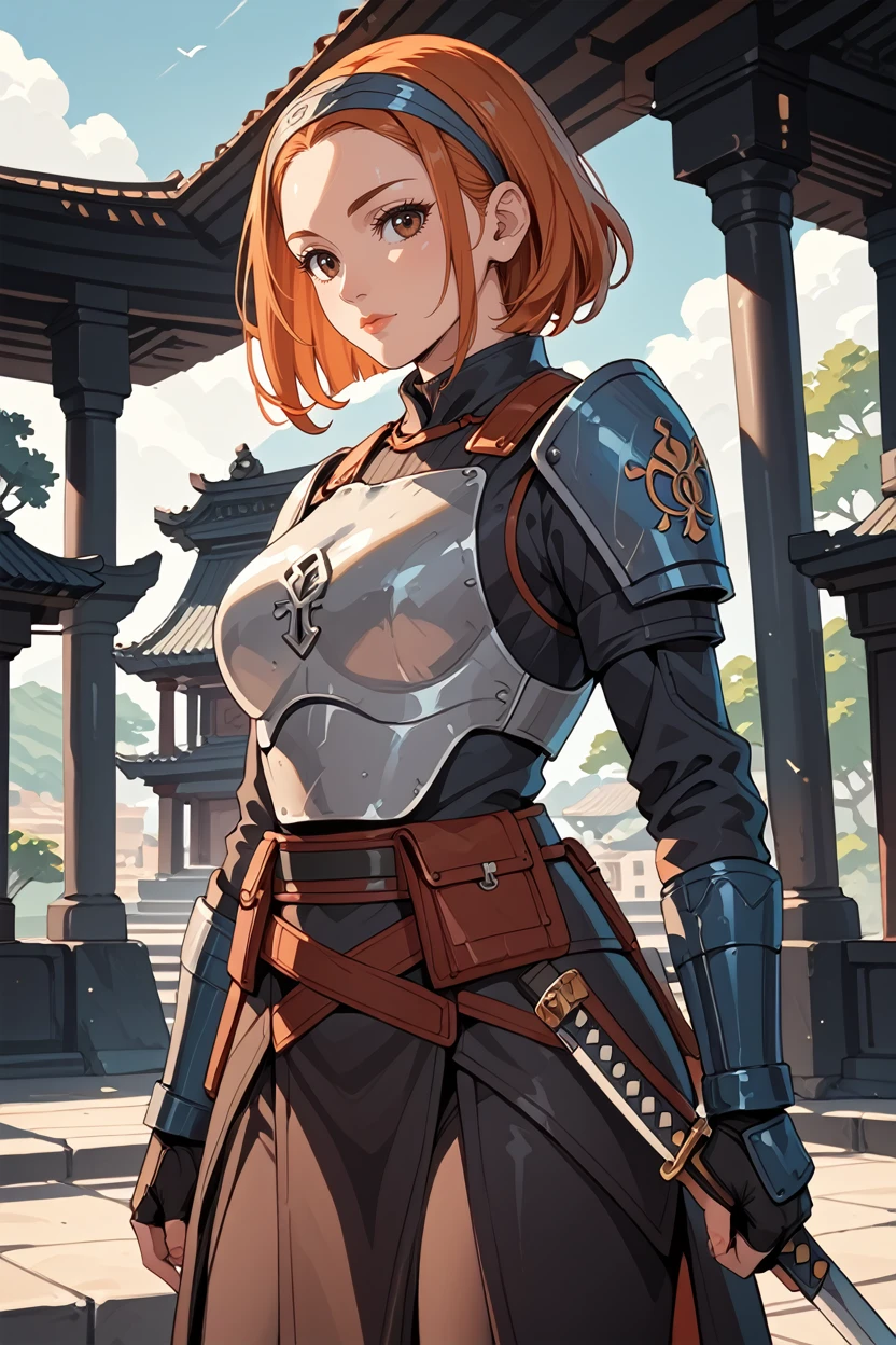 score_9, score_8_up, score_7_up,
<lora:bokatannh:0.8>
bokatannh, 1girl, orange hair, hairband, brown eyes, armor, Standing at the entrance of an ancient temple, she exudes a sense of mystique and reverence