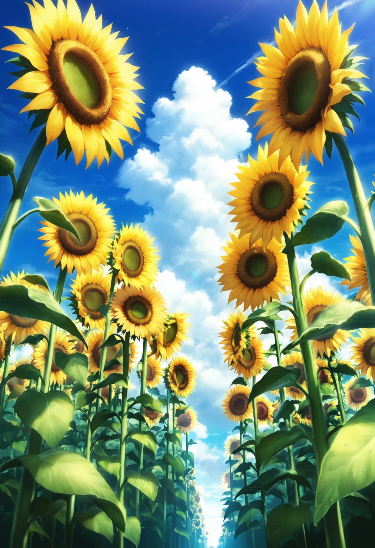 no humans, scenery, sunflower, outdoors, day, blue sky, cloud, summer, very aesthetic, sunflower field, very aesthetic