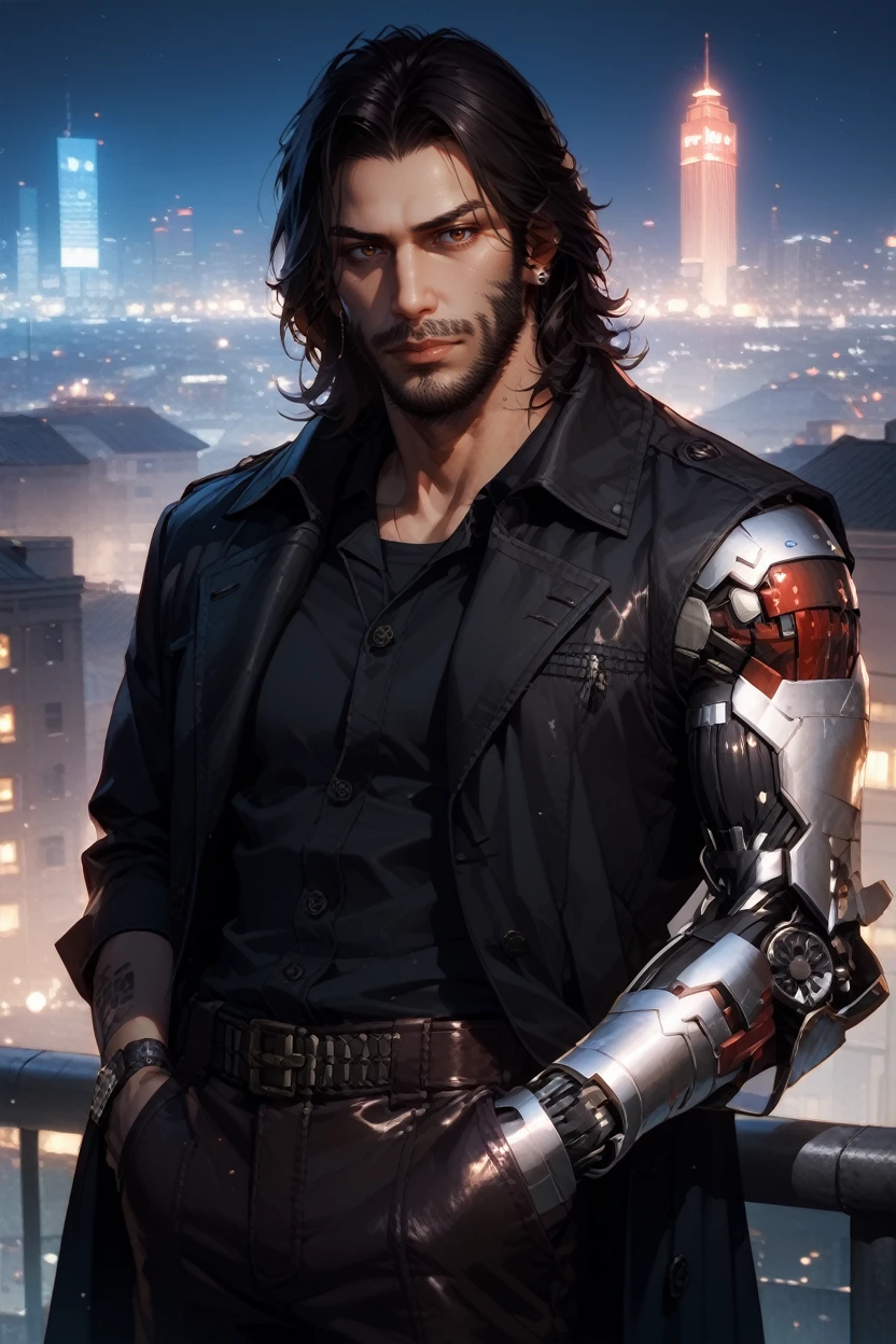 score_9, score_8_up, score_7_up,
<lora:CPJohnny:0.8>
CPJohnny, 1boy, black hair, brown eyes, beard, single mechanical arm, looking at viewer, On a high-rise rooftop, sharp black trench coat, city lights below, hands in pockets