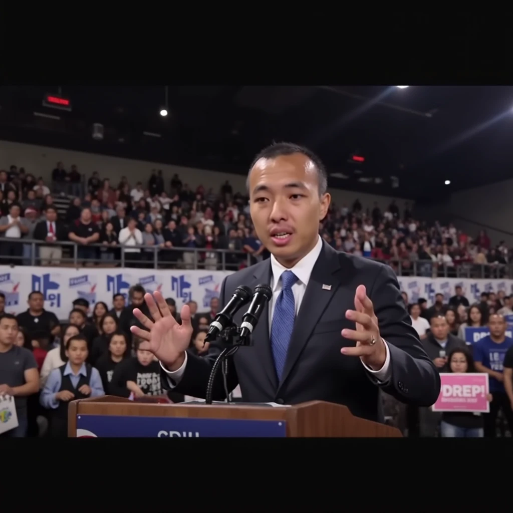 A wide shot of a political campaign rally: a candidate speaking at a podium on an elevated stage, dressed in a well-fitted dark suit with a blue tie. The stage features clean, professional lighting and a simple backdrop with campaign branding. The candidate is gesturing confidently while speaking into microphones. Below, a large crowd of supporters fills the venue, some holding campaign signs. Natural stage lighting creates a professional atmosphere while highlighting the speaker. The composition captures both the energy of the speaker and the engaged audience. Documentary style photography showing the scale of the event and the connection between speaker and audience