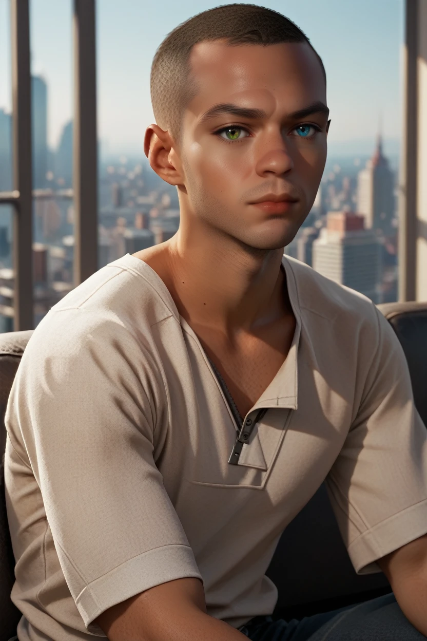 score_9, score_8_up, score_7_up, 
<lora:DBHMarkus:1.0>
DBHMarkus, 1boy, buzz cut, heterochromia, blue eyes, green eyes, tanned, looking at viewer, an upscale loft with industrial aesthetics, sharp business attire, large windows with city views, sitting on a leather couch with a confident look