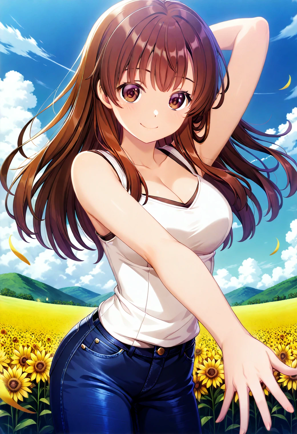 kobayashi_mari, brown eyes, brown hair, long hair, cleavage, white shirt, sleeveless, bare arms, denim, jeans, pants, <lora:kobayashi_mari_illustrious_ver1:0.8>
smile, 
1girl, solo, (field:1.2), (blue sky:1.2), looking at viewer,, masterpiece, best quality, general,, (cowboy shot, dynamic pose:1.4),