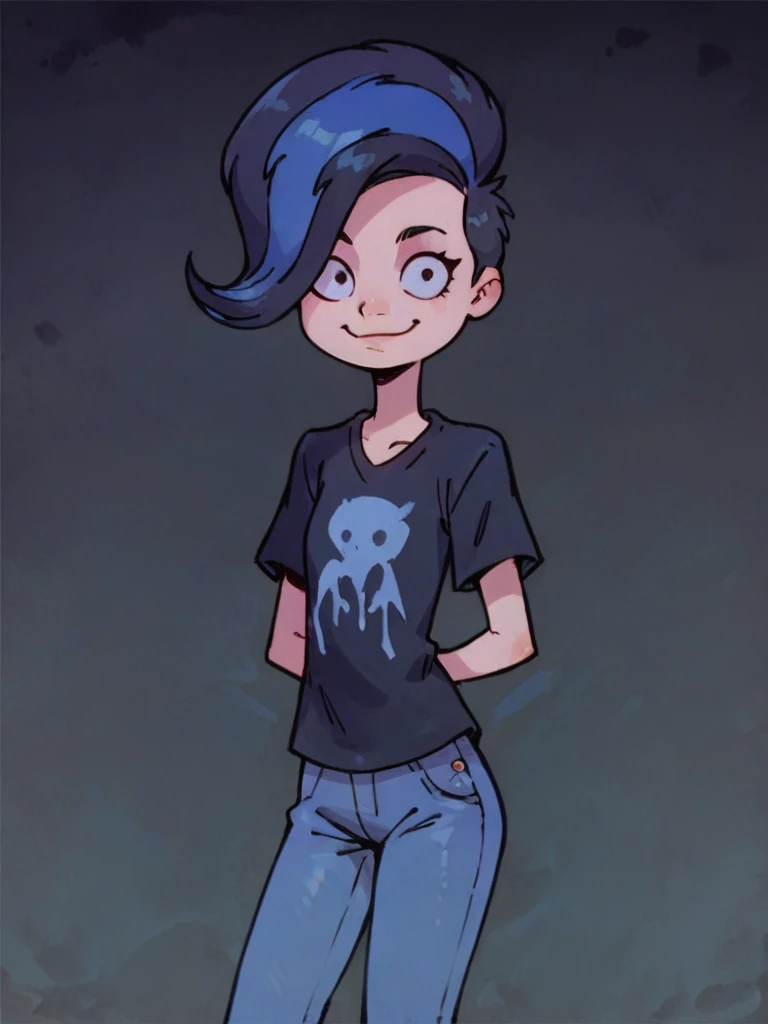 score_9, score_8_up, score_7_up, 
1girl, phantasma phantom, black hair, black eyes, 

standing, black background, arms behind back, t-shirt, short sleeves, jeans, smile, closed mouth, looking at viewer, 