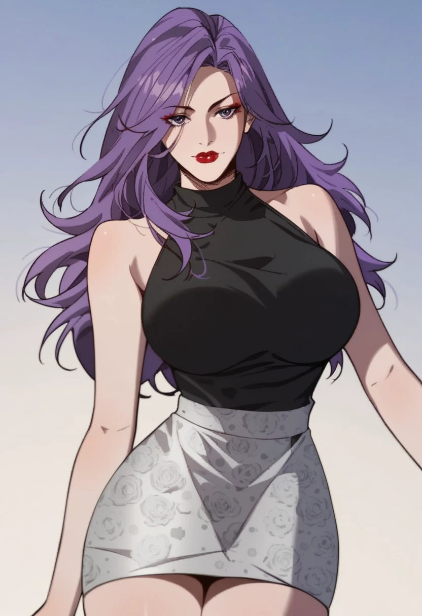 score_9, score_8_up, score_7_up, BREAK, XiangXianan, long hair, purple hair, purple eyes, large breasts, makeup, red lips, red nails, XiangWork, halterneck, sleeveless shirt, black shirt, grey skirt, pencil skirt, print skirt, floral print, 1girl, solo,