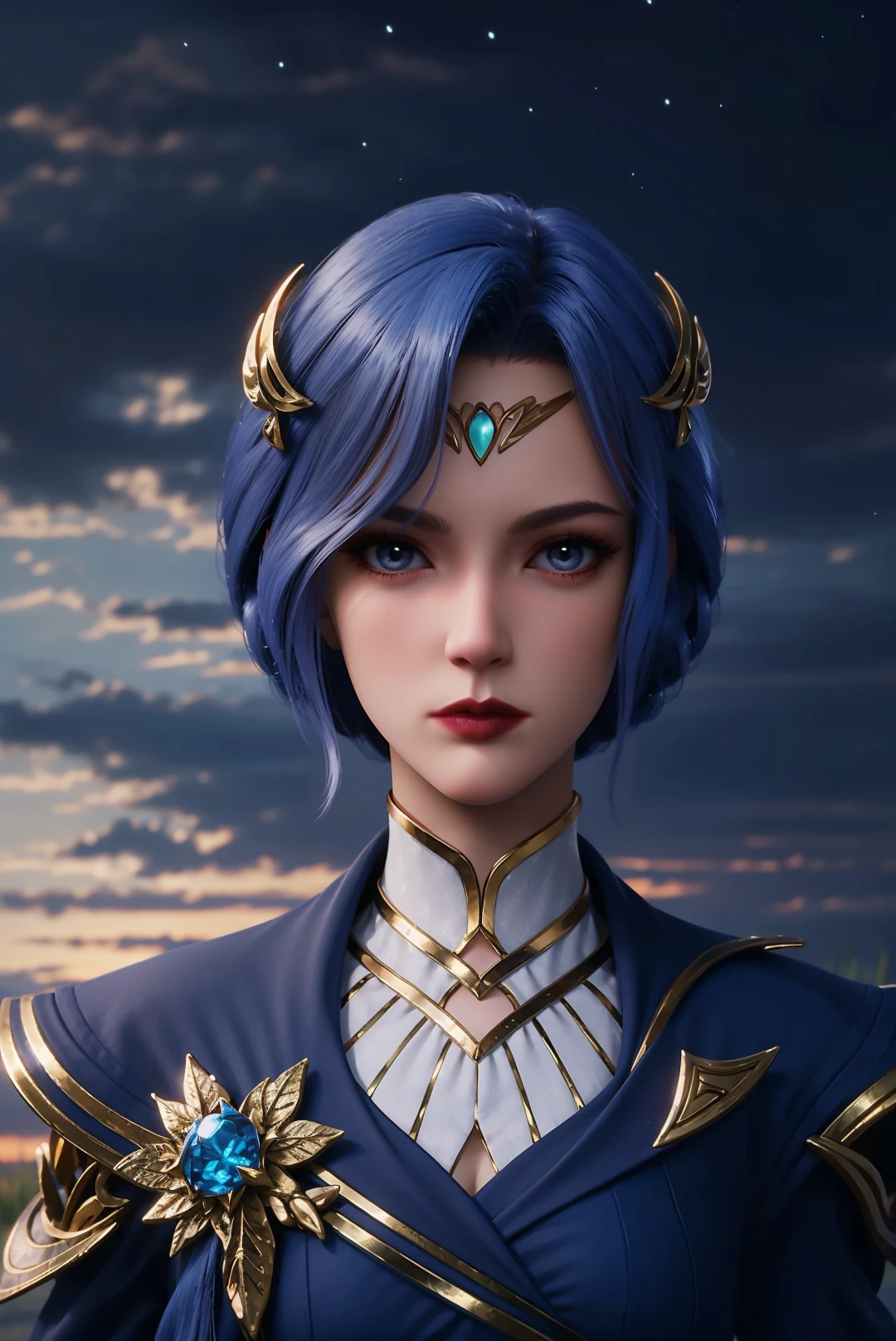 1girl,solo,short hair,blue hair,blue eyes,closed mouth,hair ornament,circlet,((uniform)),looking at viewer,outdoors,nature,flower field,night,sky,((fantasy)),portrait,depth of field,Highly detailed,(ultra-detailed),(best quality:1.5,masterpiece:1.5),<lora:lanyanyu:0.7>,