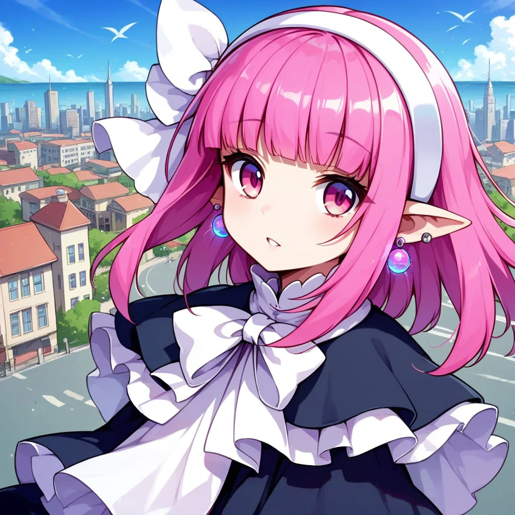 score_9, score_8_up, score_7_up,source_anime,long sleeve,black long dress,Slit in the center dress,pink hair,pink eyes,capelet,black Long boots,blunt bangs,long dress,earrings,white hair ribbon,white hairband,pointy ears,ribbon,outdoor,city,day,Sunshine,