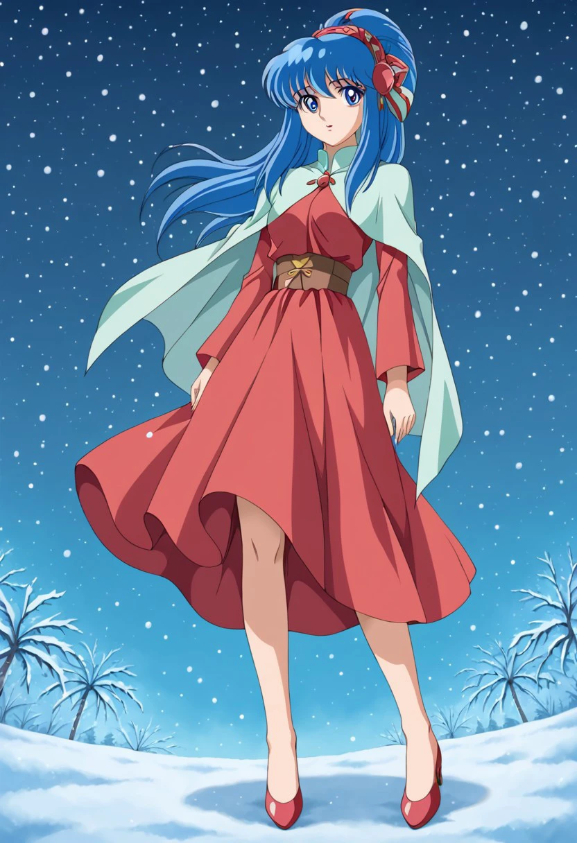 Retro art style, 90s retro art style, bottom view, excellent quality, ultra-detailed image, Retro style, 90s style, 1 girl, cute face, single, blue eyes, detailed pupils, long hair, blue hair, ponytail, bun, full body, dress, red dress, cape, standing, Valhalla background, snowing