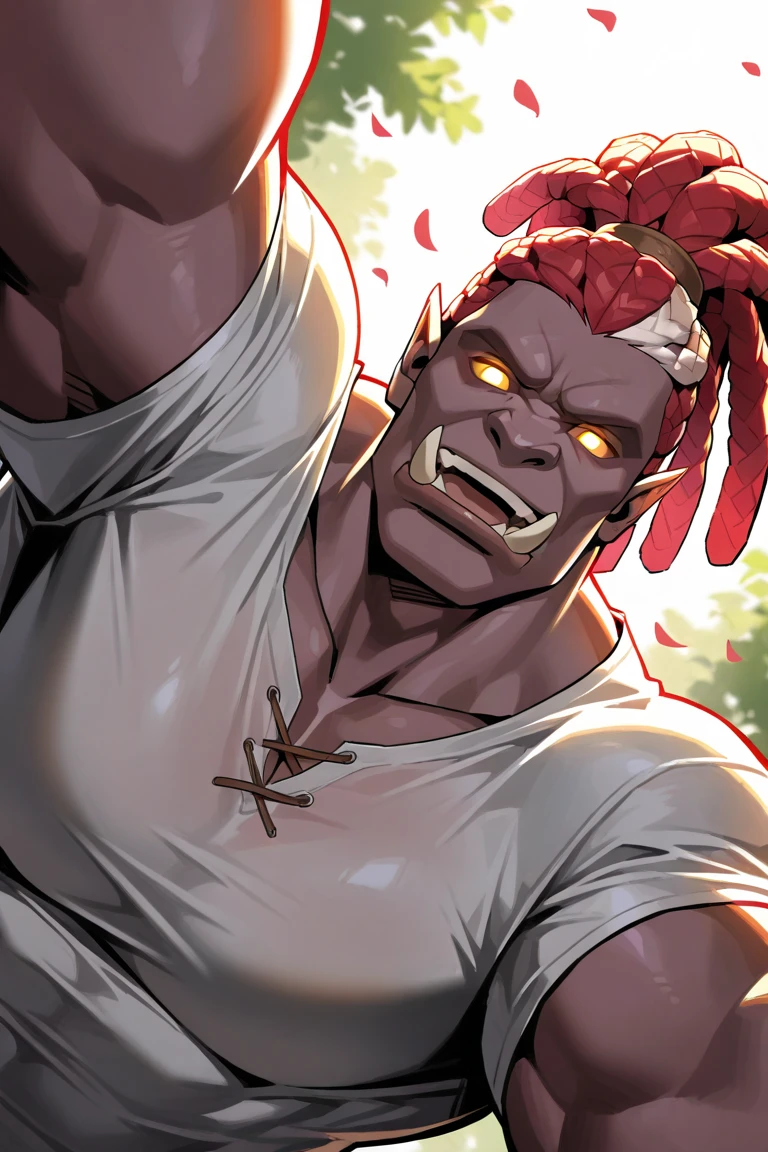 day, natural lighting, spring theme, flowers, petals, red colored skin-orc focus, selfie, outstretched arms, looking down at viewer, expressive face, BalmondML, yellow_BalmondML_glowing eyes, red-white_BalmondML_multicolored dreadlocks ponytail, open mouth, smiling, shirt, 1orc, blurry outdoors, from below, dutch angle, intricately detailed illustration, masterpiece, best quality, amazing quality, very aesthetic, absurdres, newest