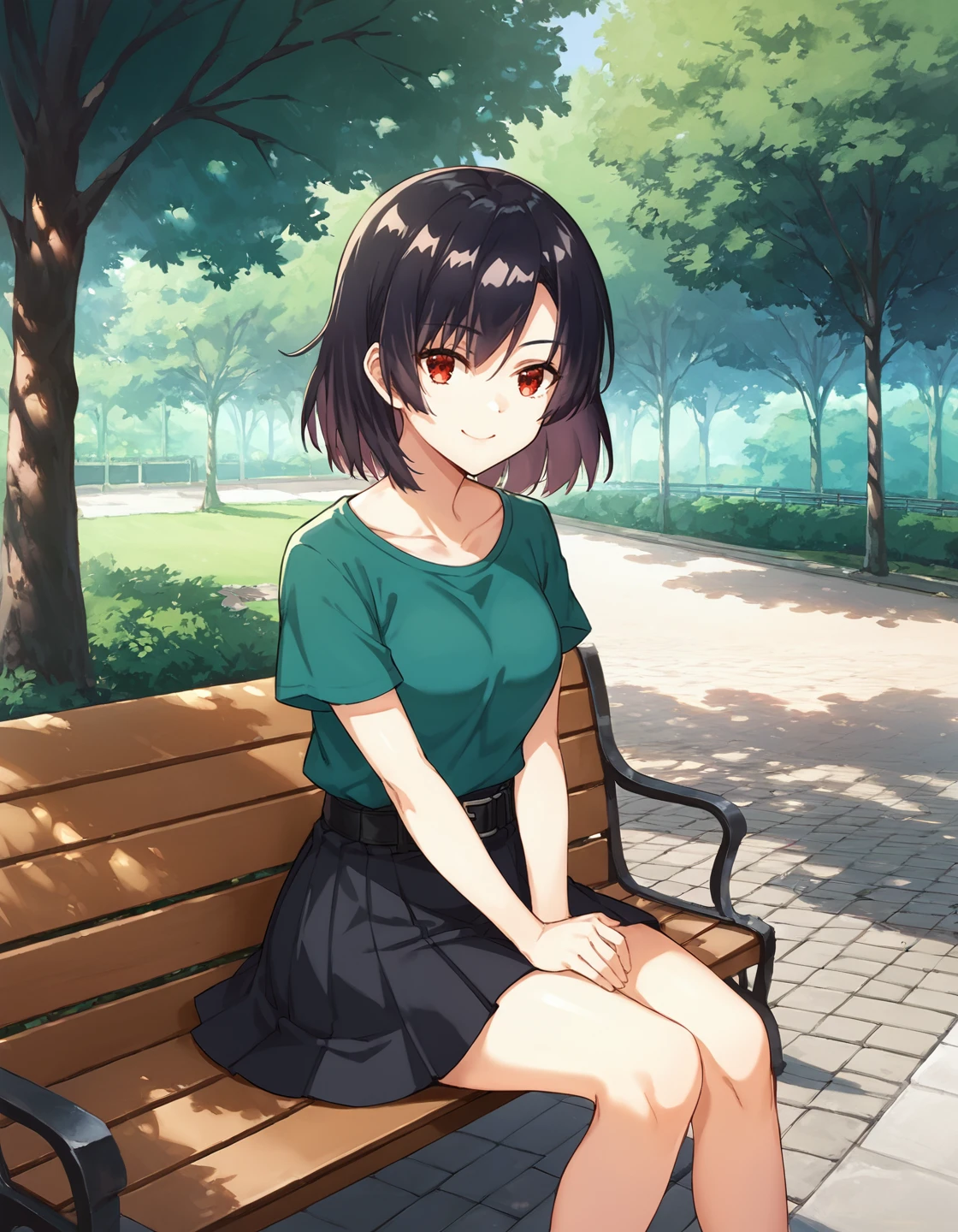 score_9, score_8_up, score_7_up, score_6_up, girl sitting on a bench in park, source_anime, 1girl, masterpiece, best quality, cinematic lighting, upper body, medium shot, mgrcnatsuryouko, black hair, red eyes, green t-shirt, black belt, black skirt, outdoors, park, evening, bench, sitting, hands behind legs, light smile, tree, <lora:mgrcnatsuryouko_XL:1>