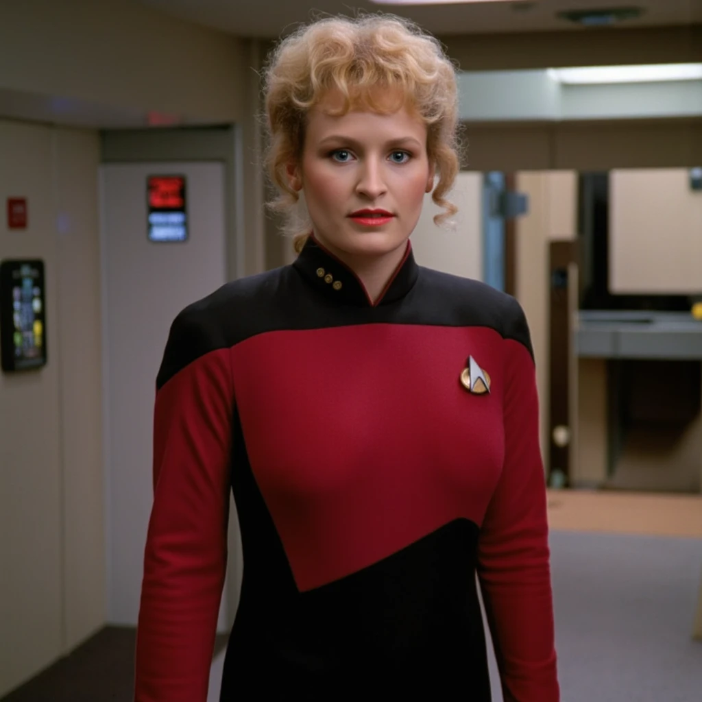 photo realistic, LizShelby woman, wearing red star trek uniform with star trek badge, standing in corridor of spaceship <lora:LizShelby_Flux_v1:1.5>