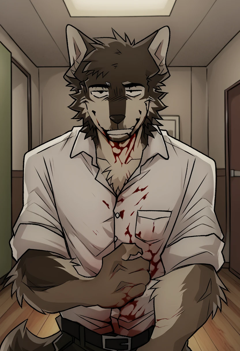 by maggotnizer, furry, solo, wolf, bara, shirt, rolled up sleeves, blood, looking at viewer, seductive, smile, room, <lora:Maggotnizer_style:1>, <lora:add-detail-xl:2>