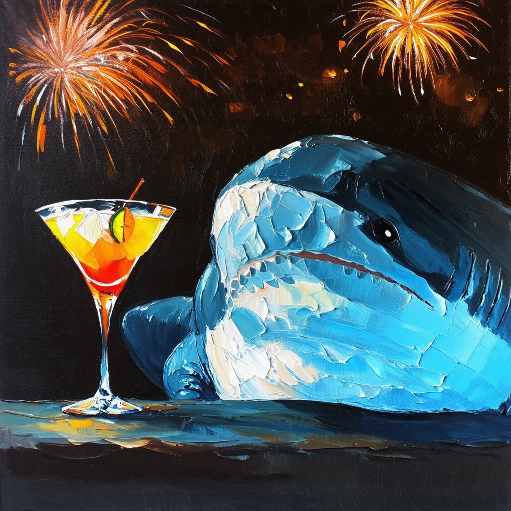 impasto, summer night, blahaj plush shark in a beach bar with a cocktail, fireworks