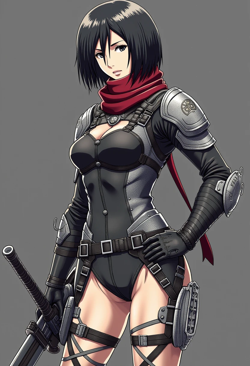 A detailed solo portrait of aot_mikasa
Anime style, sharp, high contrast and highly detailed,,
  <lora:attack_on_titan_mikasa_young_flux_v1_2-000008:1>, 
She is dressed in a tactical and streamlined combat outfit that emphasizes both functionality and style. The base is a sleek, black bodysuit with silver-gray accents running across the torso, arms, and legs, creating an intricate harness-like design. This outfit appears to prioritize mobility and protection.
Over the bodysuit, she wears additional gear, including a utility belt equipped with straps and pouches for carrying tools or supplies. Her legs are adorned with crisscrossing straps and armor-like attachments that secure tightly to her body, further emphasizing the utilitarian aspect of her attire. The ensemble also includes black knee-high boots, adding to the outfit's overall practicality.
Her chest is marked by the emblem of the Survey Corps, signifying her affiliation, and she wears a rich red scarf wrapped snugly around her neck, contrasting sharply with the darker tones of her outfit. She is also equipped with specialized gear on both sides of her hips, used for movement and combat, alongside a sword in her right hand, ready for action. The outfit seamlessly blends combat readiness with a sense of sharp, authoritative style.