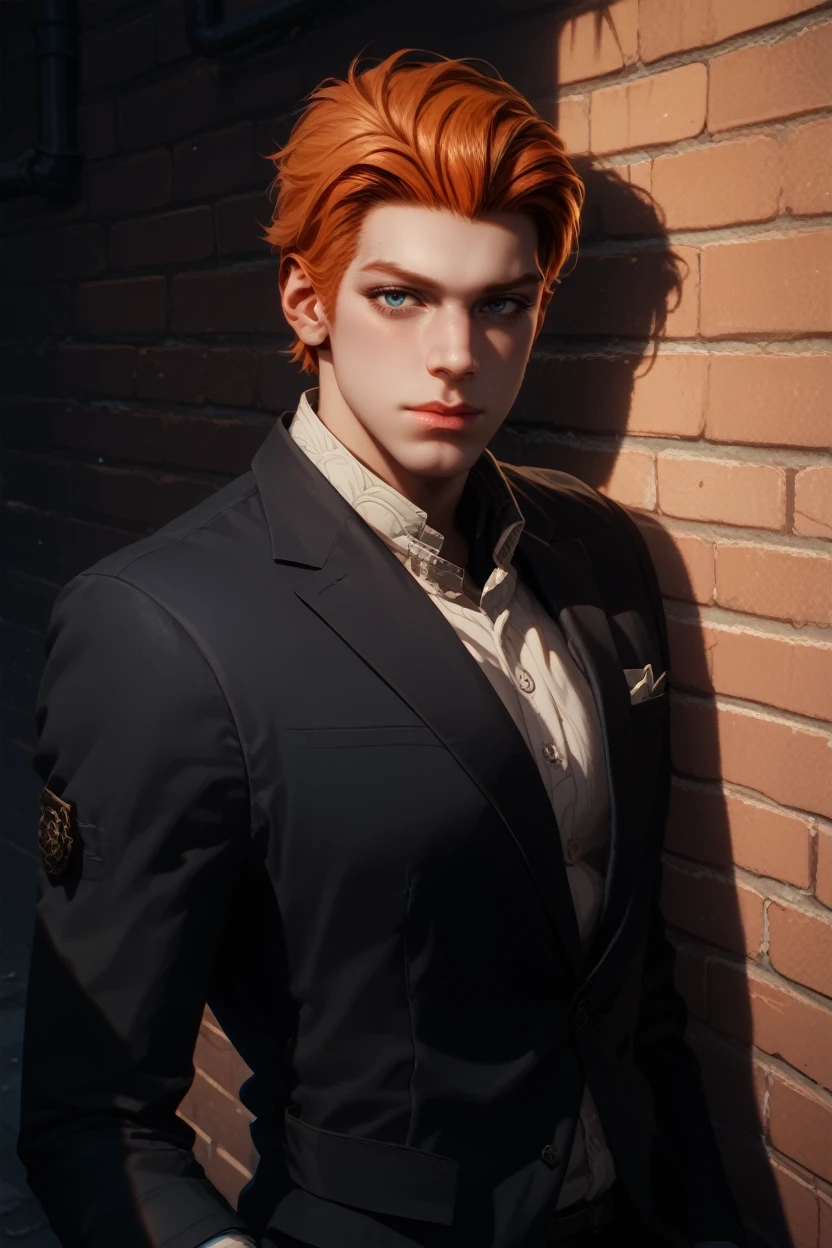 score_9, score_8_up, score_7_up,
<lora:StarCalKestis:0.8>
StarCalKestis, 1boy, orange hair, blue eyes, short hair, looking at viewer, In a dimly lit urban alley, tailored black suit, ambient neon lights casting shadows, leaning confidently against a brick wall