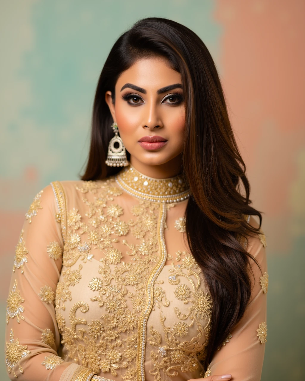 headshot photo of Mouni Roy woman,candid photo with natural colors, serious expression on face,studio quality, wearing intricate conservative turtleneck Gold Pants_kurta, straight hair, pastel shaded multicolored background, cinematic soft lighting<lora:TestBed\Mouni_Roy_2024_Flux_Kohya_LoRA_v1-000017.safetensors:1.0:1.0>