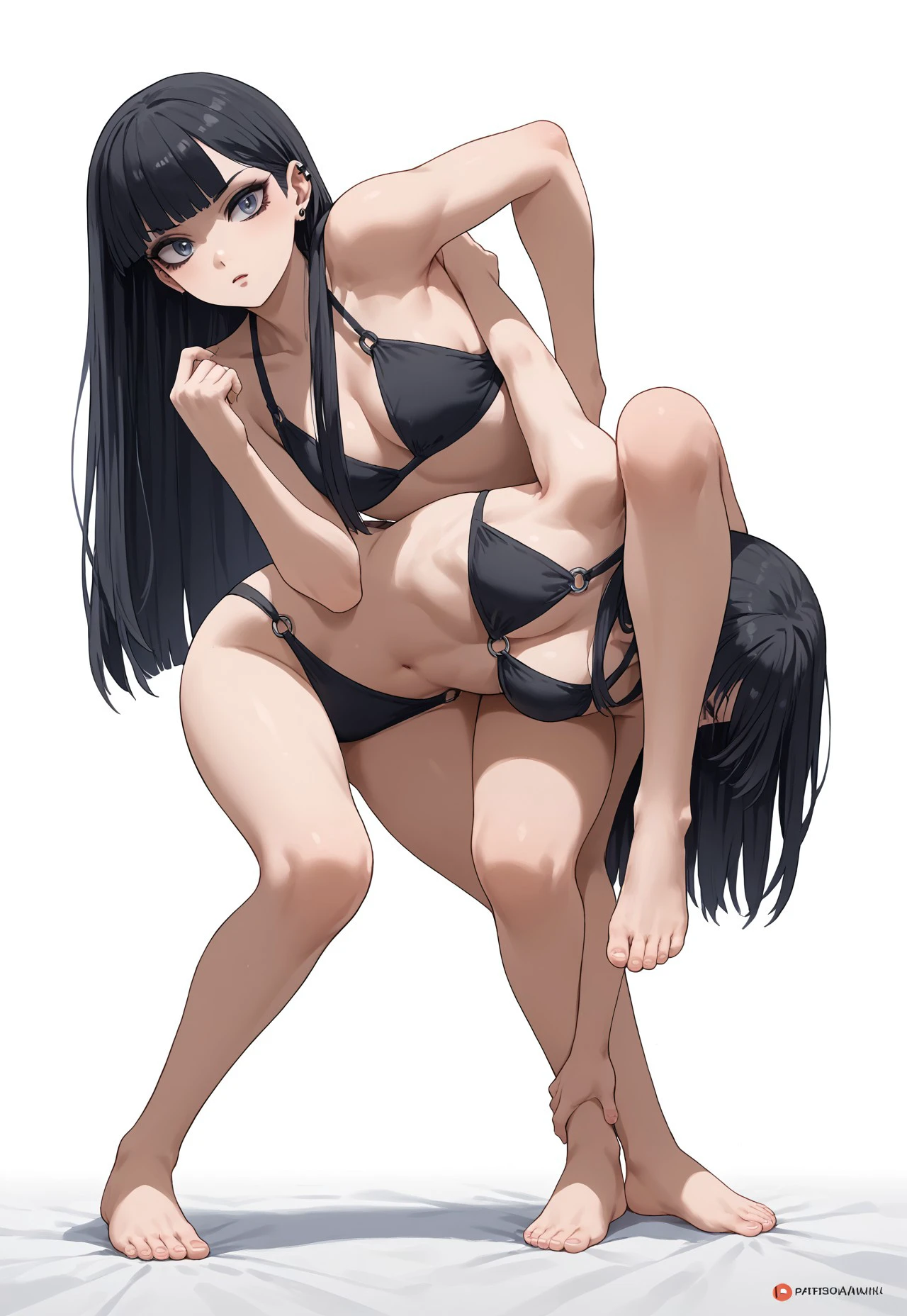 safe_pos, score_9, score_8_up, score_7_up, source_anime, rating_explicit, masterpiece, best, octopus hold, mamji gatame, 2girl, goth girls, barefoot, bikini, navel, arm trapped, long hair, feet, white background