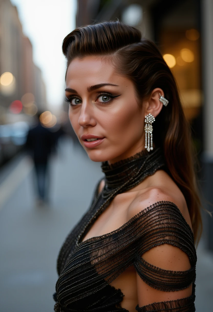 A high-resolution portrait of MLC Miley  wearing a chic, avant-garde outfit designed by a renowned fashion stylist, set in a sophisticated urban environment. Her hair is styled in an elegant, contemporary updo by a famous hairstylist, with soft, natural makeup highlighting her features. The scene captures the essence of modern elegance, with subtle reflections from city lights adding a dynamic element to the composition.


