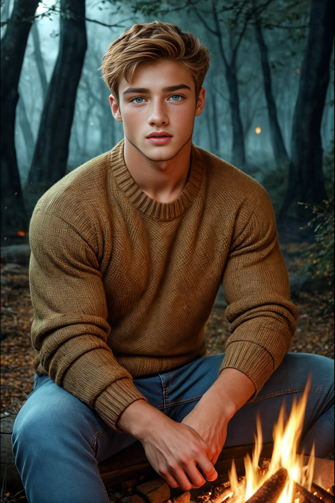 <lora:Sean_OBrien_GV:1>  1boy, young man, 21 years old, light brown hair, pale green eyes, Masterpiece, photo-realistic, Crystal clear, highly detailed, An incredibly attractive, stunningly handsome young twink, wearing a sweater and jeans, sitting near a bonfire in a dark forest at night.