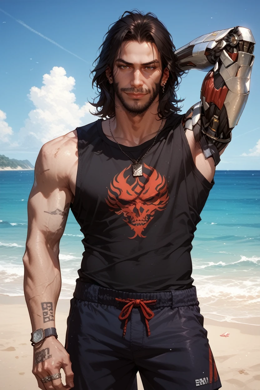 score_9, score_8_up, score_7_up,
<lora:CPJohnny:0.8>
CPJohnny, 1boy, black hair, brown eyes, beard, single mechanical arm, looking at viewer, beach, arm behind head, shorts, smirk