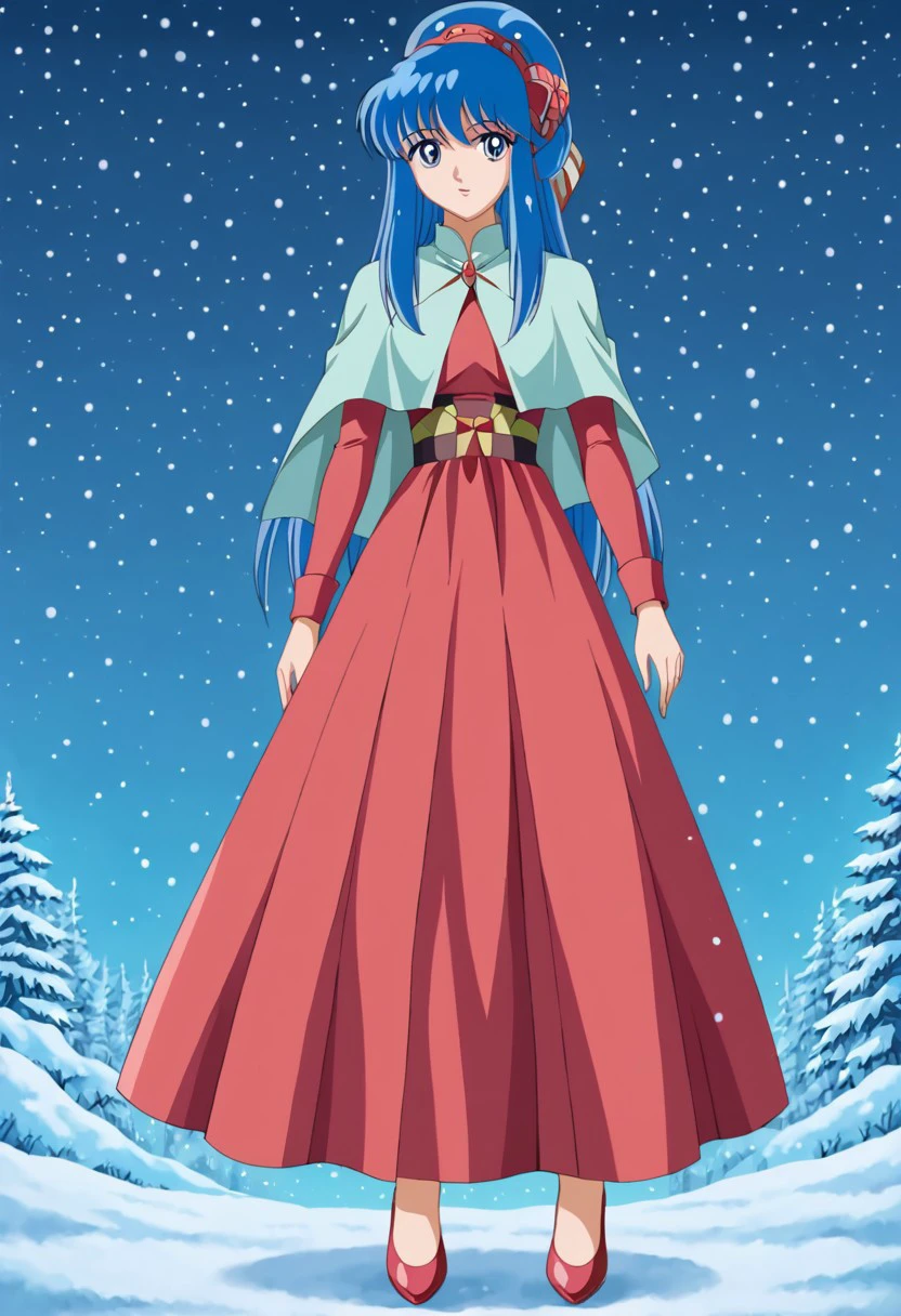 Retro art style, 90s retro art style, bottom view, excellent quality, ultra-detailed image, Retro style, 90s style, 1 girl, cute face, single, blue eyes, detailed pupils, long hair, blue hair, ponytail, bun, full body, dress, red dress, cape, standing, Valhalla background, snowing