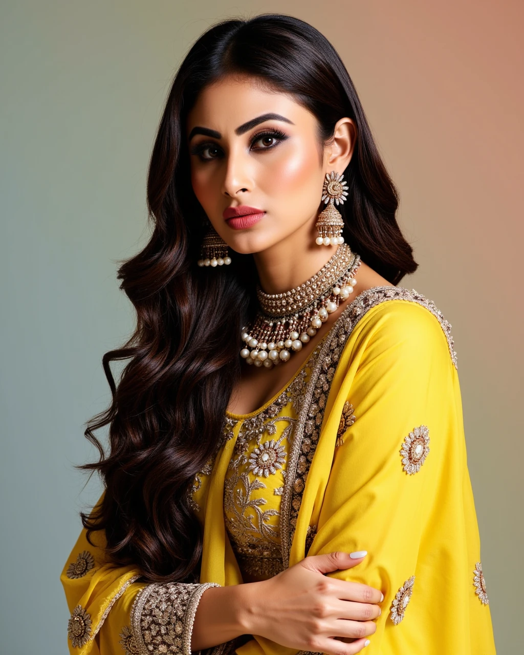 headshot photo of Mouni Roy woman,candid photo with natural colors, serious expression on face,studio quality, wearing intricate conservative long sleeved Lime Gota Patti Suit (Rajasthani embellished dress), curls, pastel shaded multicolored background, cinematic soft lighting<lora:TestBed\Mouni_Roy_2024_Flux_Kohya_LoRA_v1-000017.safetensors:1.0:1.0>