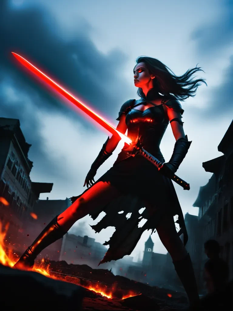 Gravure, realistic,  
a lady with a sword in front of an evil looking building with a dark red sky, glowing, 1girl, silhouette, glowing sword, 1other, giant demon, boss fight, from behind, blood, cosmic, haze, fog, blade, weapon, glowing eyes, giant, sword, holding, long hair, floating hair, 1girl, holding weapon, red eyes, fire, embers, holding sword, destruction, giantess, torn clothes, standing, energy sword, short hair, silhouette,,
<lora:ZSNR-VPXL00-01D:10>