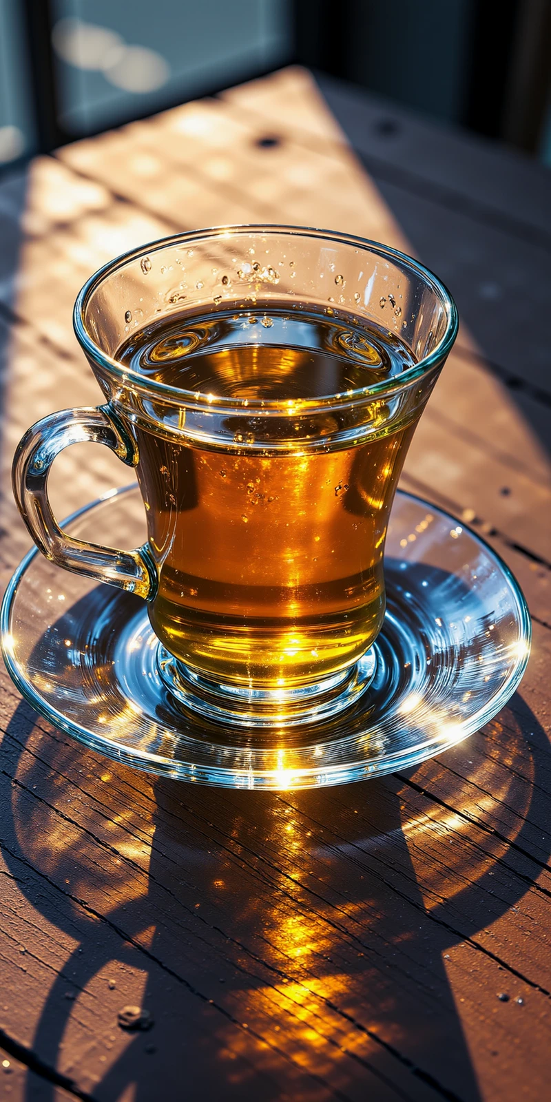 ~~"A delicate glass teacup filled with yellow tea sits alone on a dark mahogany table. The tea emits a soft yellow glow that bathes the cup and saucer in warmth, casting subtle reflections and refractions on the polished surface and illuminating intricate patterns in the glass."~~