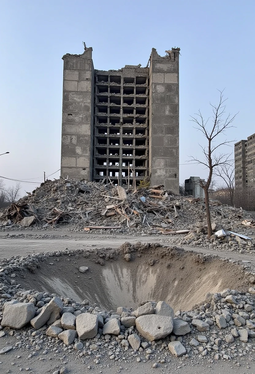 WarinUA, A large crater sits in the foreground of a completely destroyed urban building. The building has been reduced to a skeleton of its former self, with only a few walls standing amidst piles of rubble. The area is eerily silent, with no people or signs of life. The sky is clear, but the devastation below tells the story of recent and intense fighting.