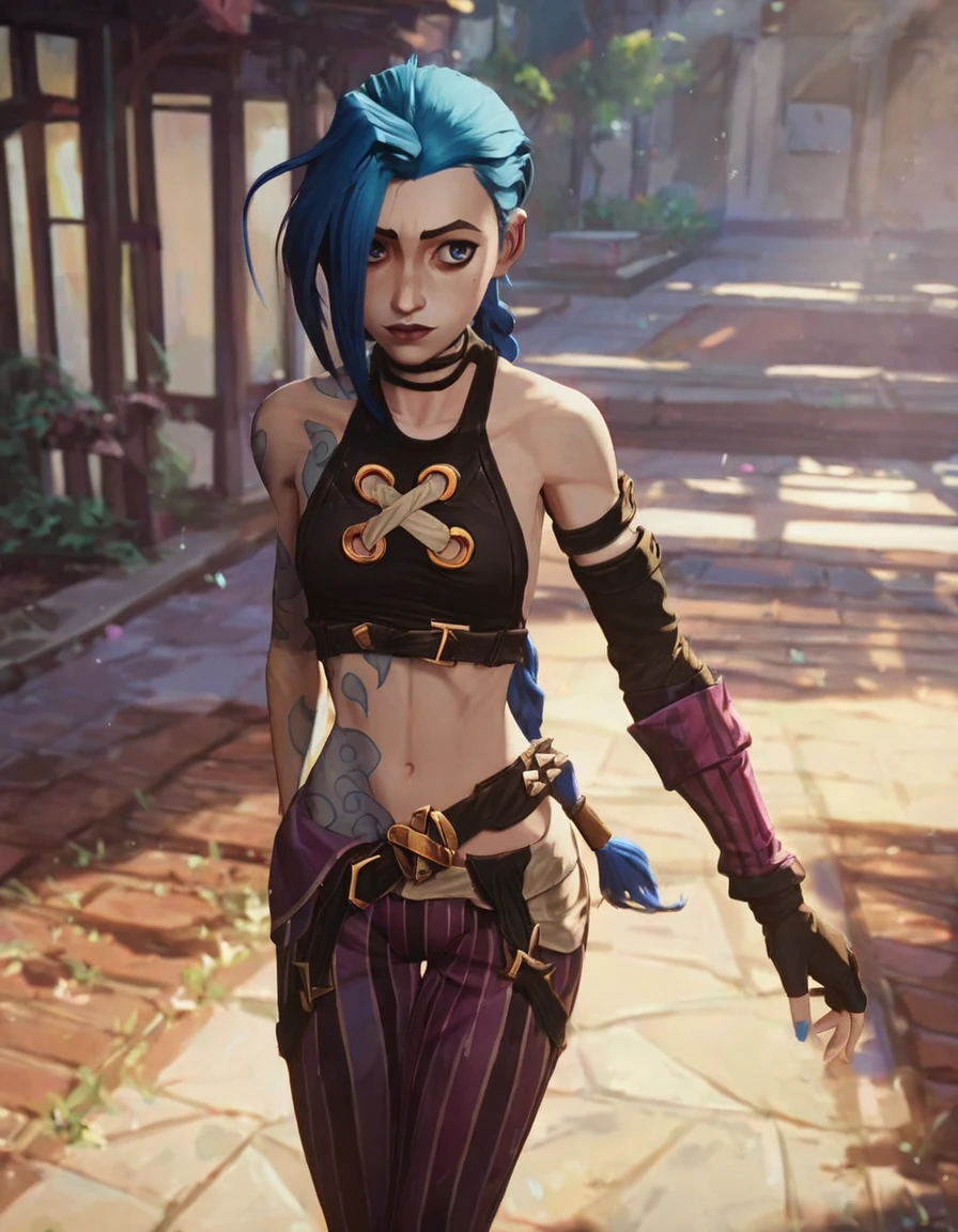 score_9, score_8_up, score_7_up, score_6_up, god rays, 1girl, j1nx, blue hair, pale skin, chocker, blue eyes, long blue twin pigtails, tattoo, crop top, sleeve, armbands, purple striped pants, gloves, belt, walking in a park, long hair, medium breasts, Expressiveh, Jinx, <lora:Jinx-Pony-v2:0.7>