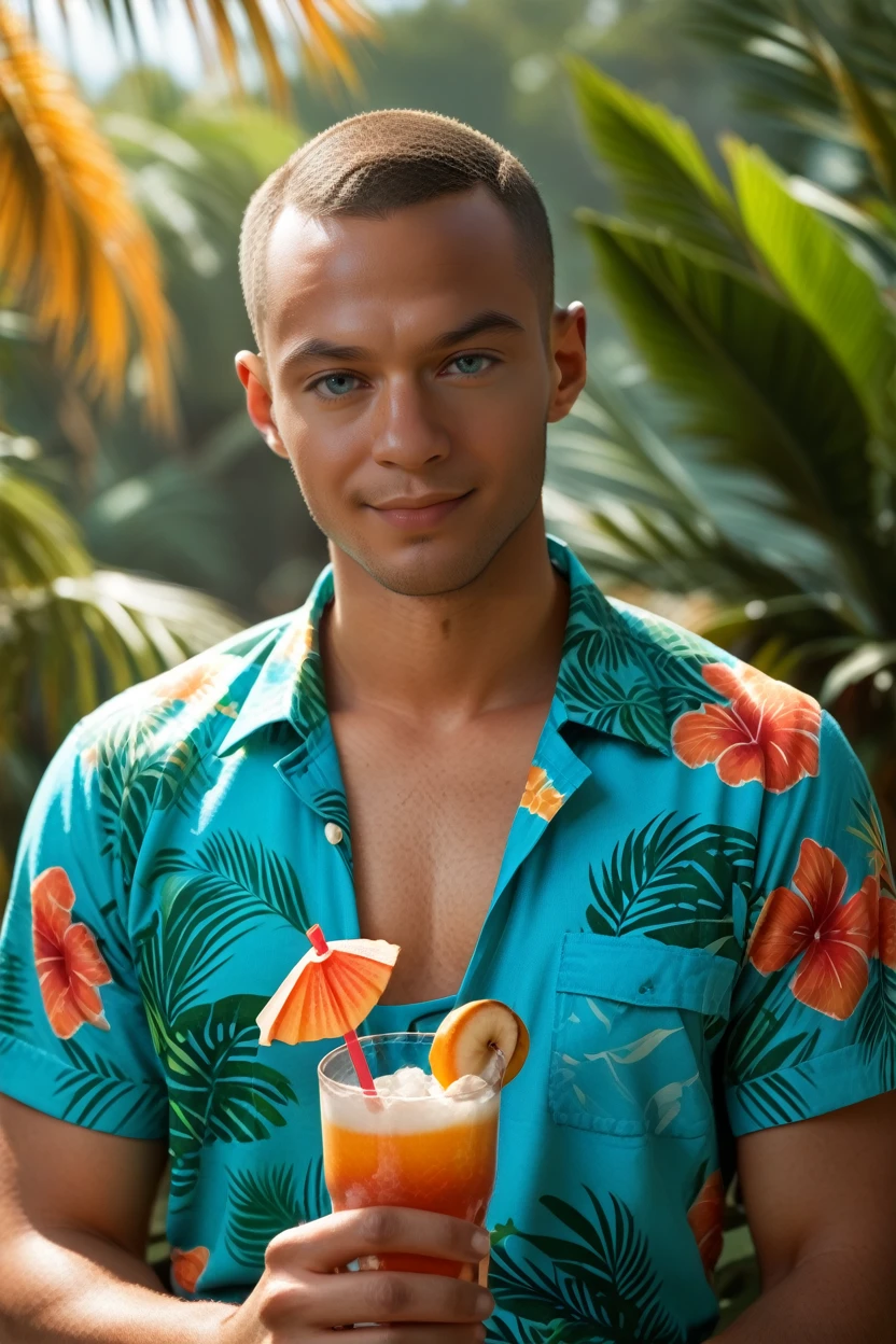 score_9, score_8_up, score_7_up,
<lora:DBHMarkus:0.8>
DBHMarkus, 1boy, buzz cut, heterochromia, blue eyes, green eyes, tanned, looking at viewer, solo, wearing a Hawaiian shirt, smiling, holding a coconut drink, vibrant sunset, palm trees swaying in the breeze, tropical vibes