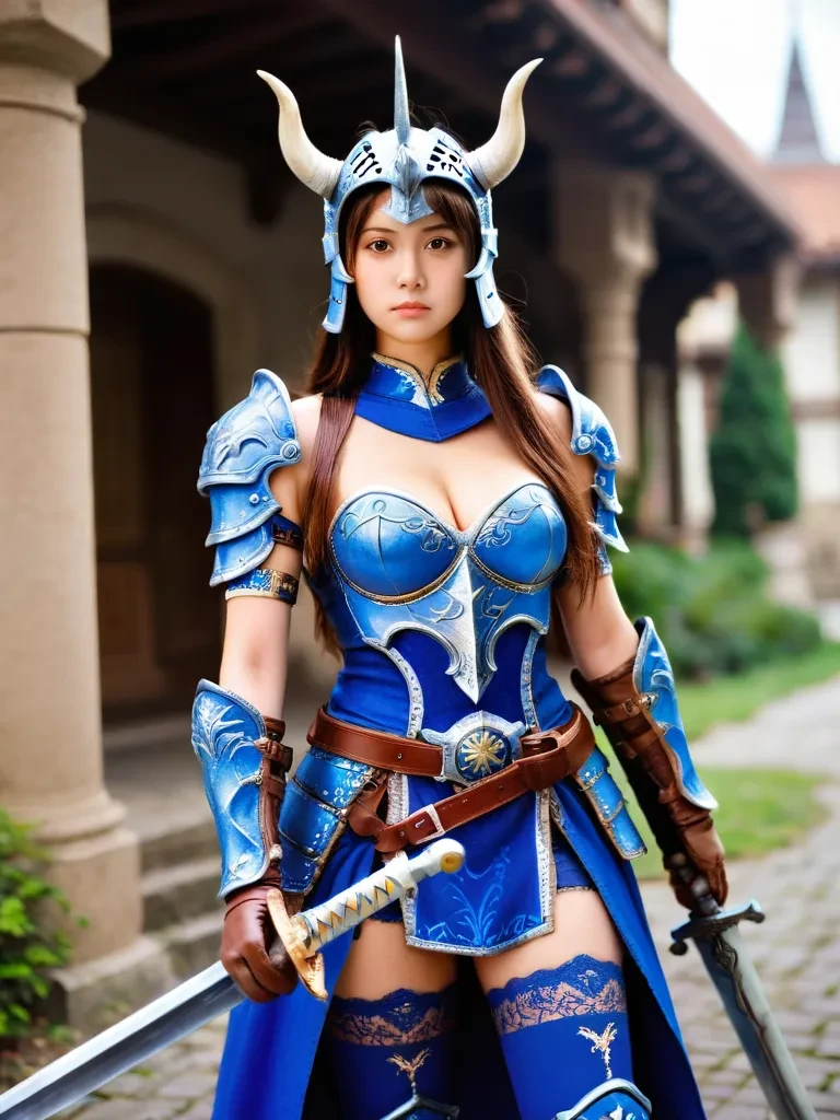 Gravure, realistic,  
a young woman wearing a blue armor holding a large sword in a village, a woman is dressed in a blue outfit holding a sword in her hand, solo, 1girl, expressionless, looking at viewer, weapon over shoulder, holding weapon, holding sword, brown hair, horned helmet, fake horns, brown eyes, blue armor, belt, armlet, brown gloves, blue thighhighs, bare shoulders, cleavage, outdoors, fake horns, horned helmet, horns, weapon, brown gloves, solo, brown hair, breasts, brown eyes, sword, helmet, gloves, long hair, blue armor, armor, armlet, cleavage, outdoors, looking at viewer, thighhighs, holding, over shoulder, holding weapon, holding sword, closed mouth, weapon over shoulder, medium breasts, bare shoulders, cowboy shot, belt, sword over shoulder,,
<lora:ZSNR-VPXL00-01D:10>