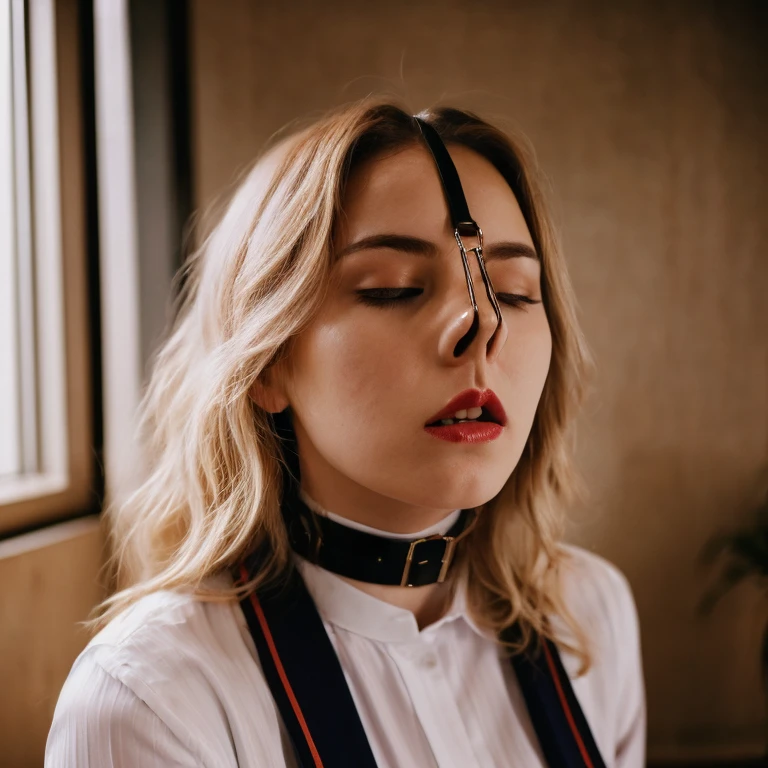 nosebound, high quality photo, portrait, photography, natural light, young woman, blonde, choker, lipstick, uniform, candid, girl next door, film grain