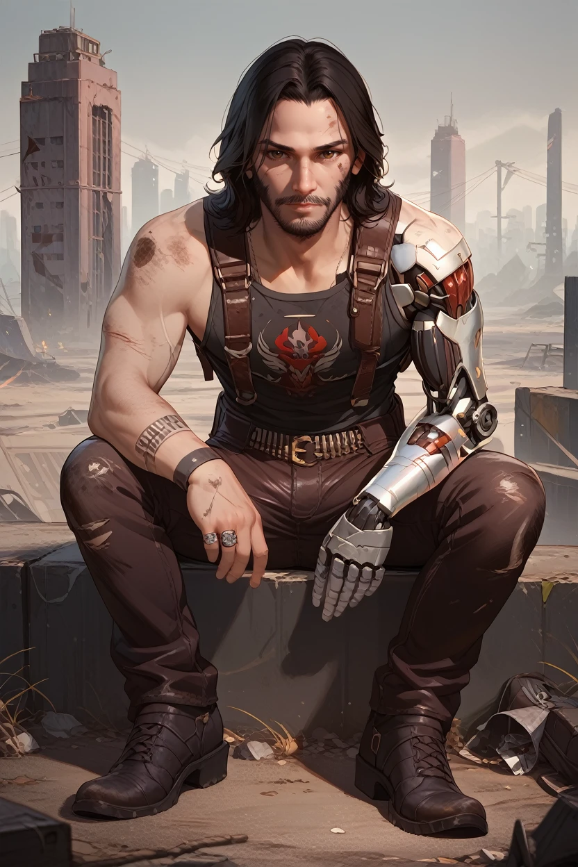 score_9, score_8_up, score_7_up,
<lora:CPJohnny:0.8>
CPJohnny, 1boy, black hair, brown eyes, beard, single mechanical arm, looking at viewer, sitting, full body, Post-apocalyptic cityscape, overgrown with nature, haunting beauty